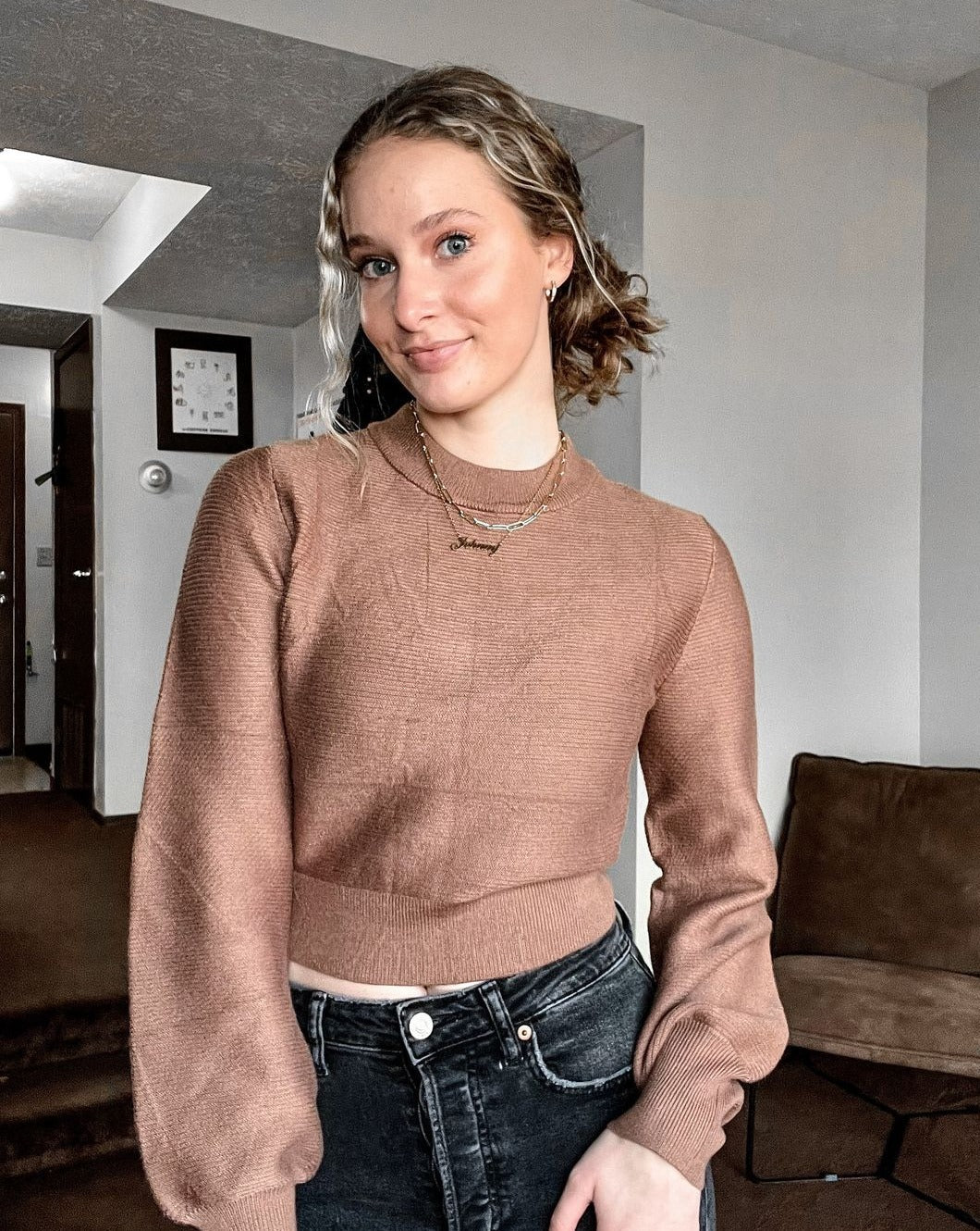 Luxuii Long Sleeve Mock Neck Soft Ribbed Knit Cropped Sweater