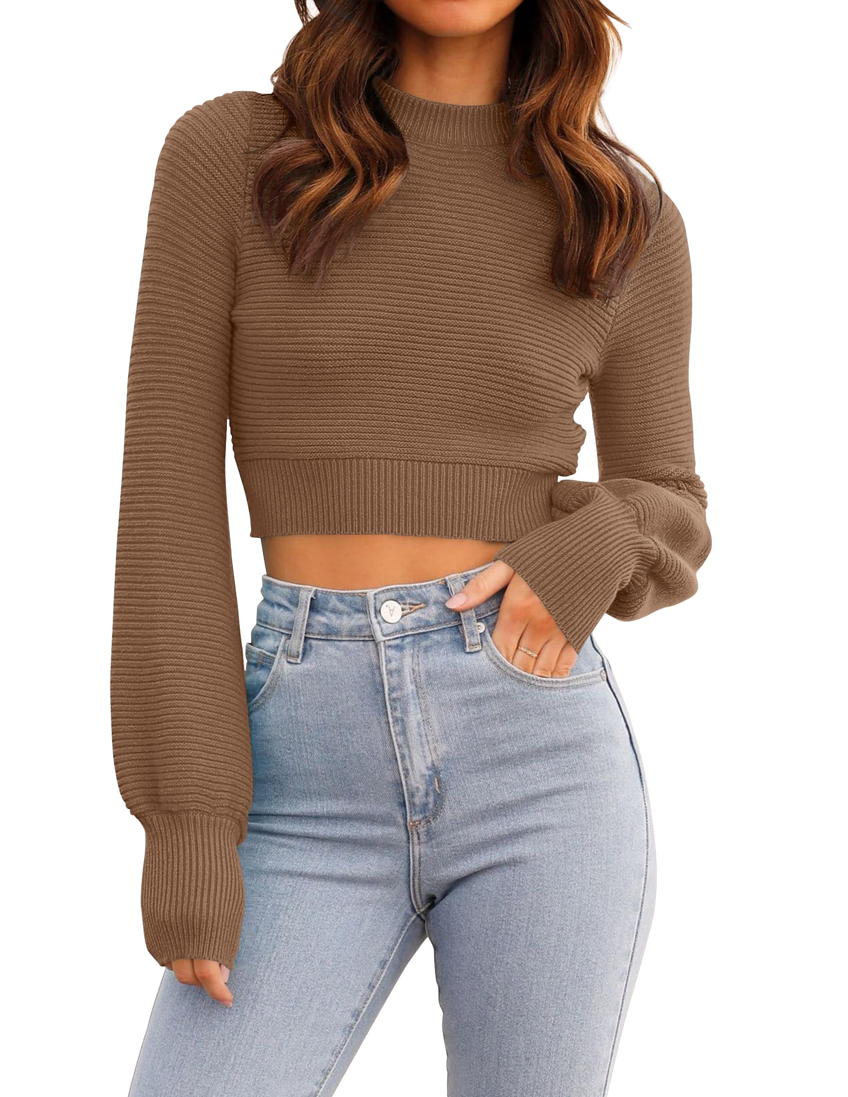 Luxuii Long Sleeve Mock Neck Soft Ribbed Knit Cropped Sweater