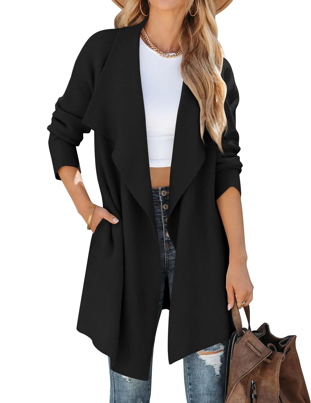 Luxuii Long Sleeve Open Front Irregular Hem Knit Lapel Cardigan