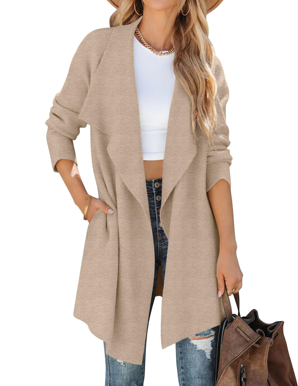 Luxuii Long Sleeve Open Front Irregular Hem Knit Lapel Cardigan