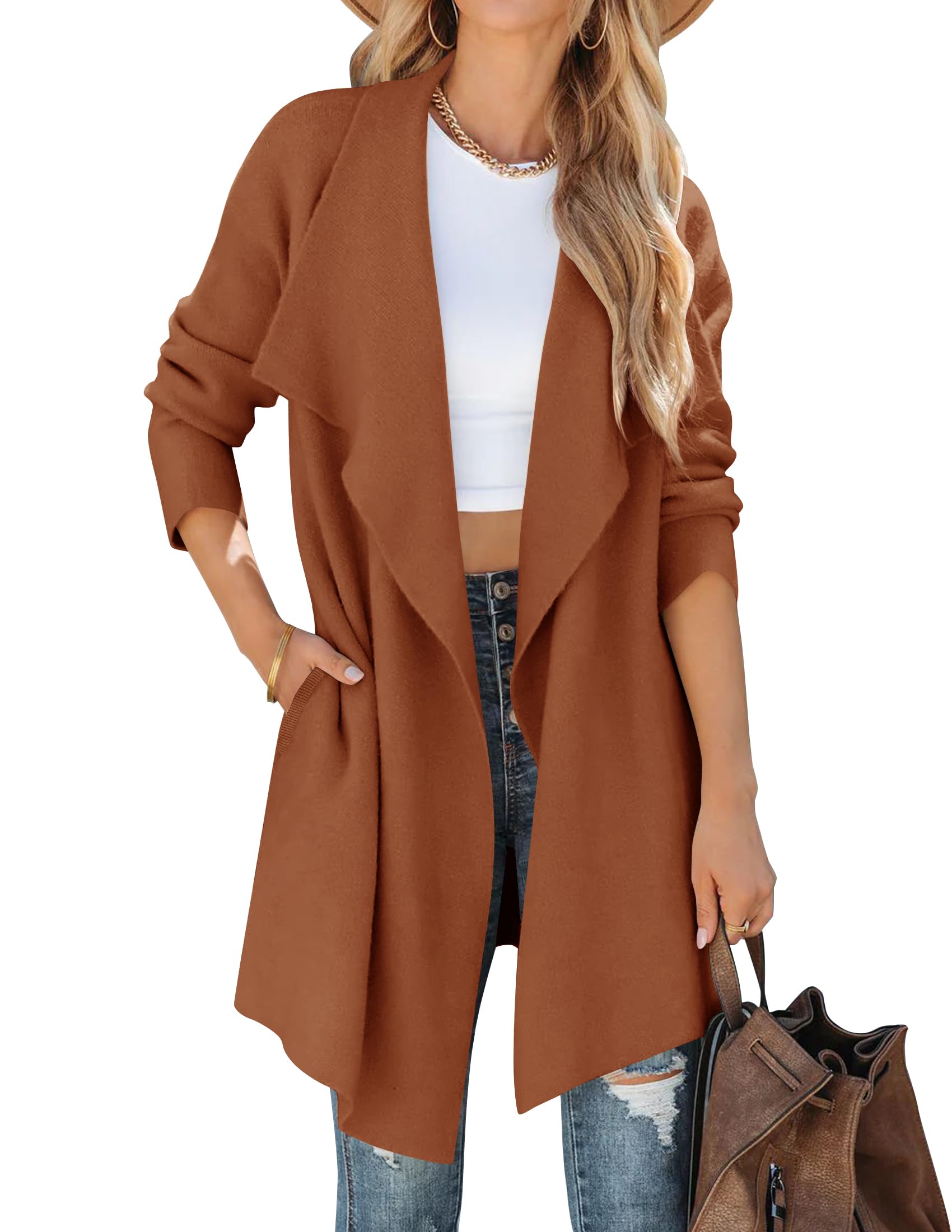 Luxuii Long Sleeve Open Front Irregular Hem Knit Lapel Cardigan