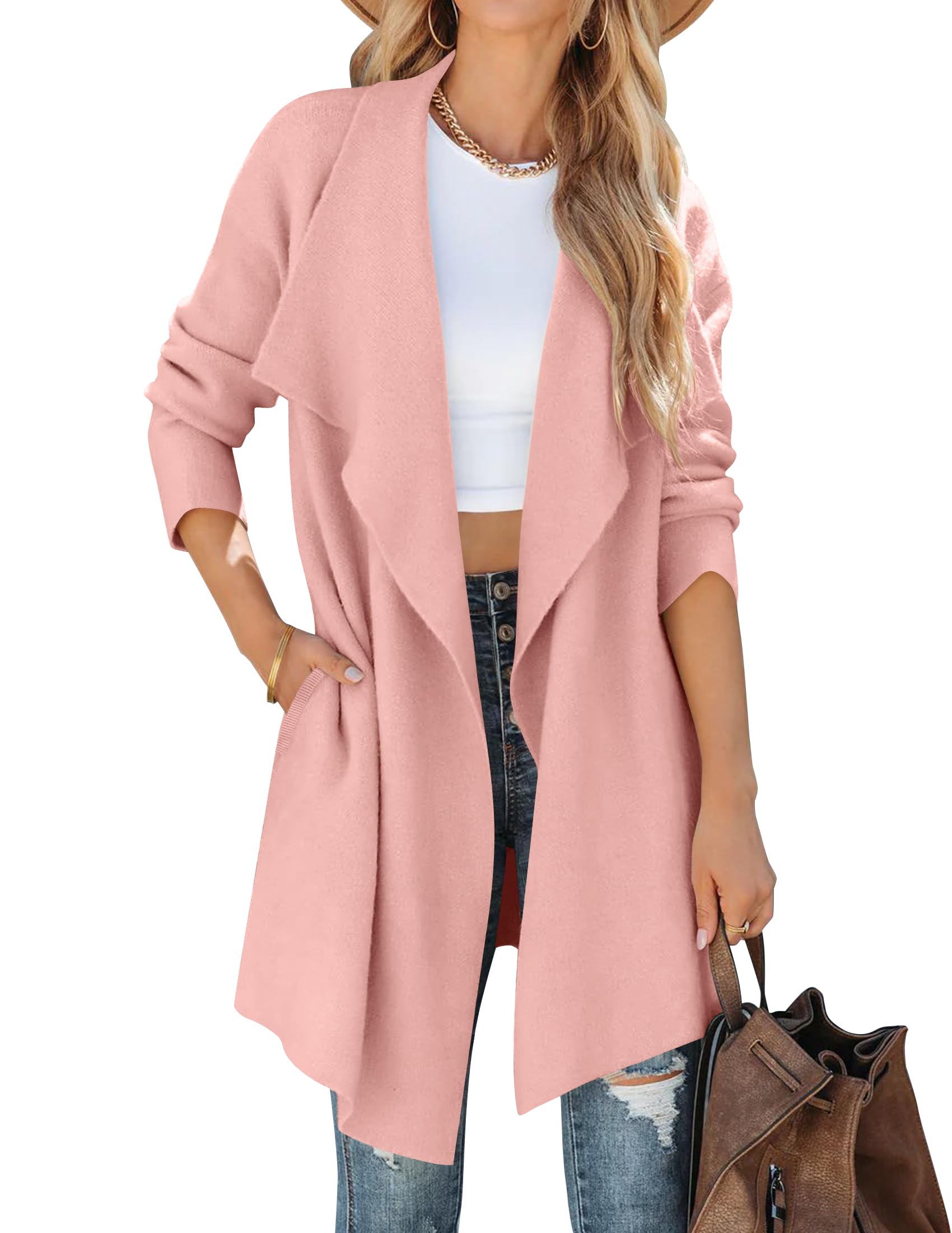 Luxuii Long Sleeve Open Front Irregular Hem Knit Lapel Cardigan