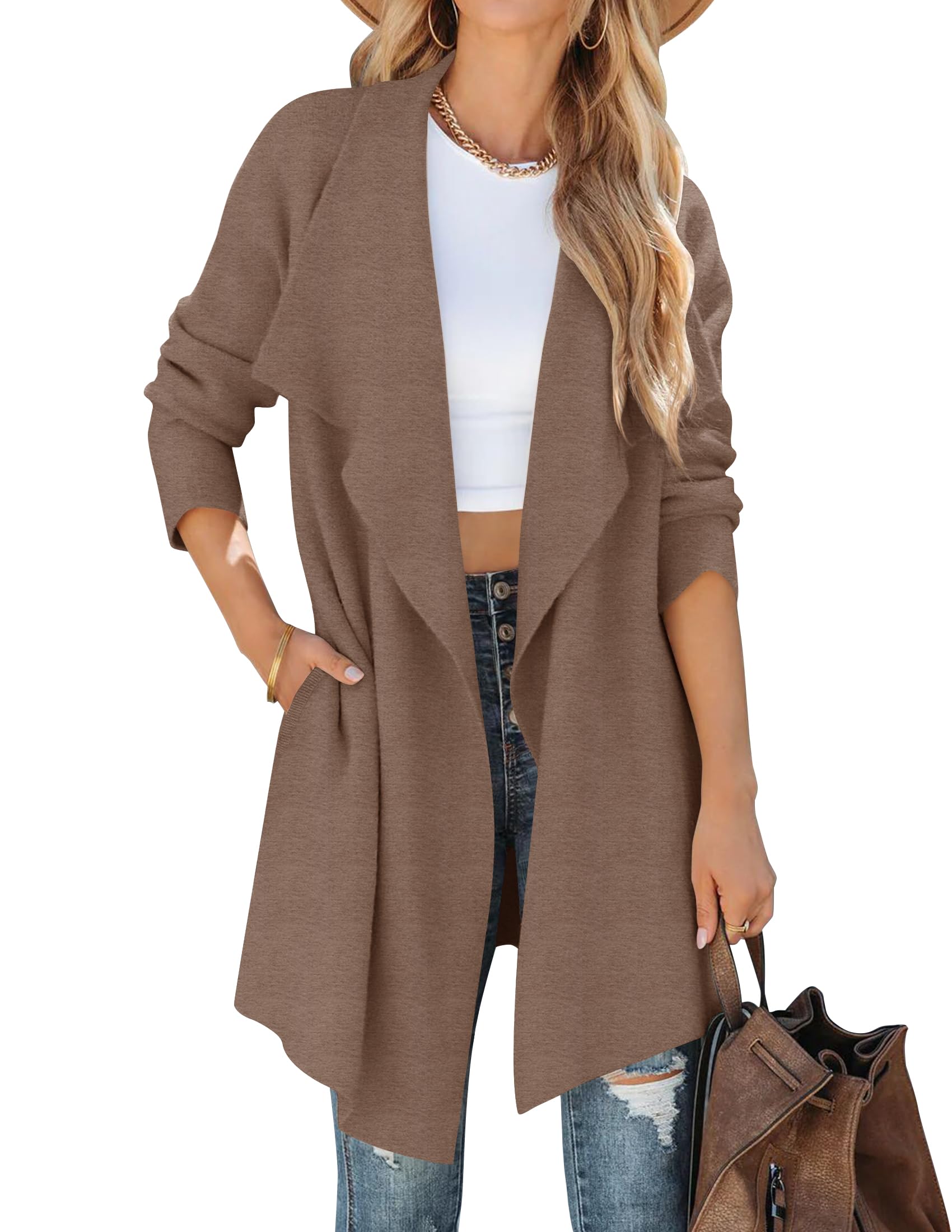 Luxuii Long Sleeve Open Front Irregular Hem Knit Lapel Cardigan