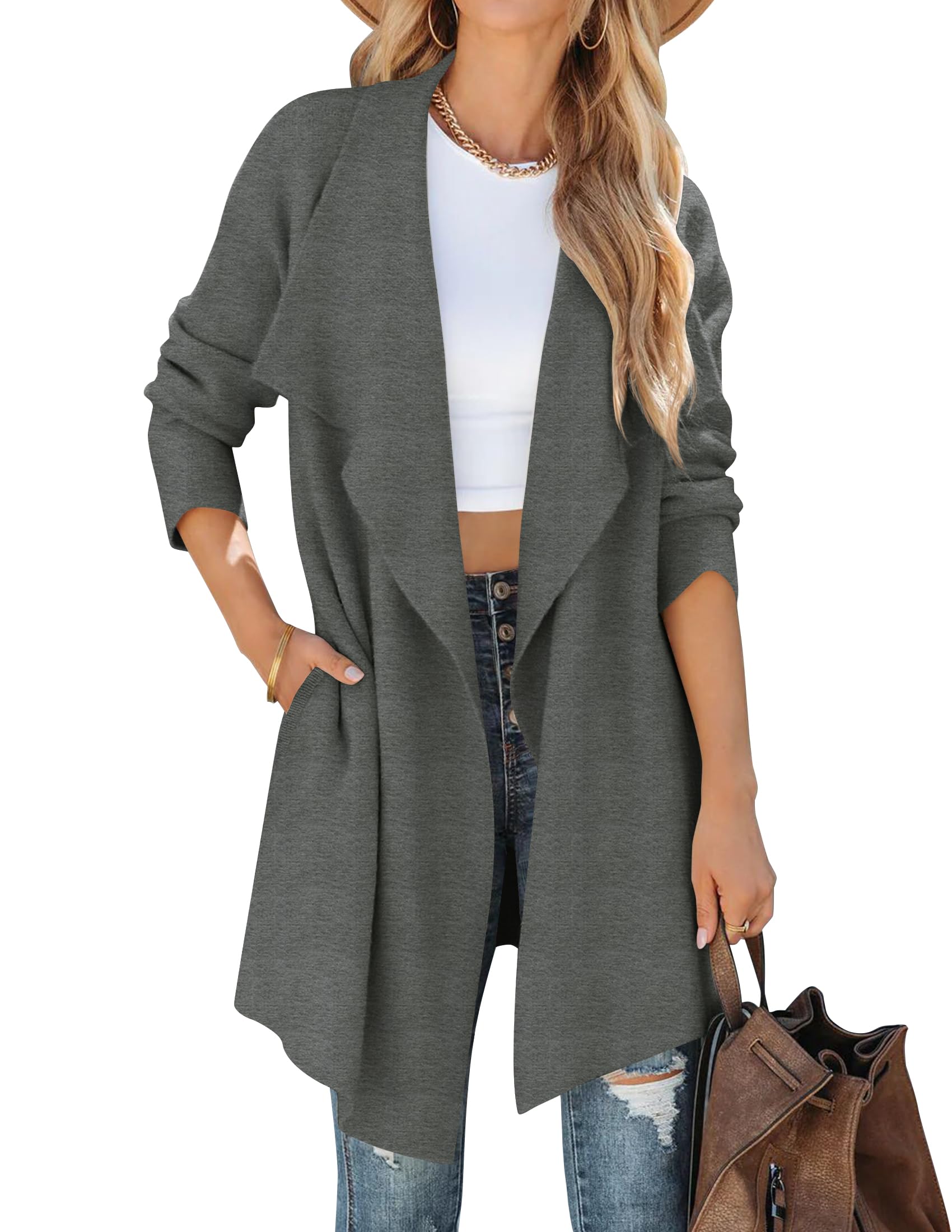 Luxuii Long Sleeve Open Front Irregular Hem Knit Lapel Cardigan