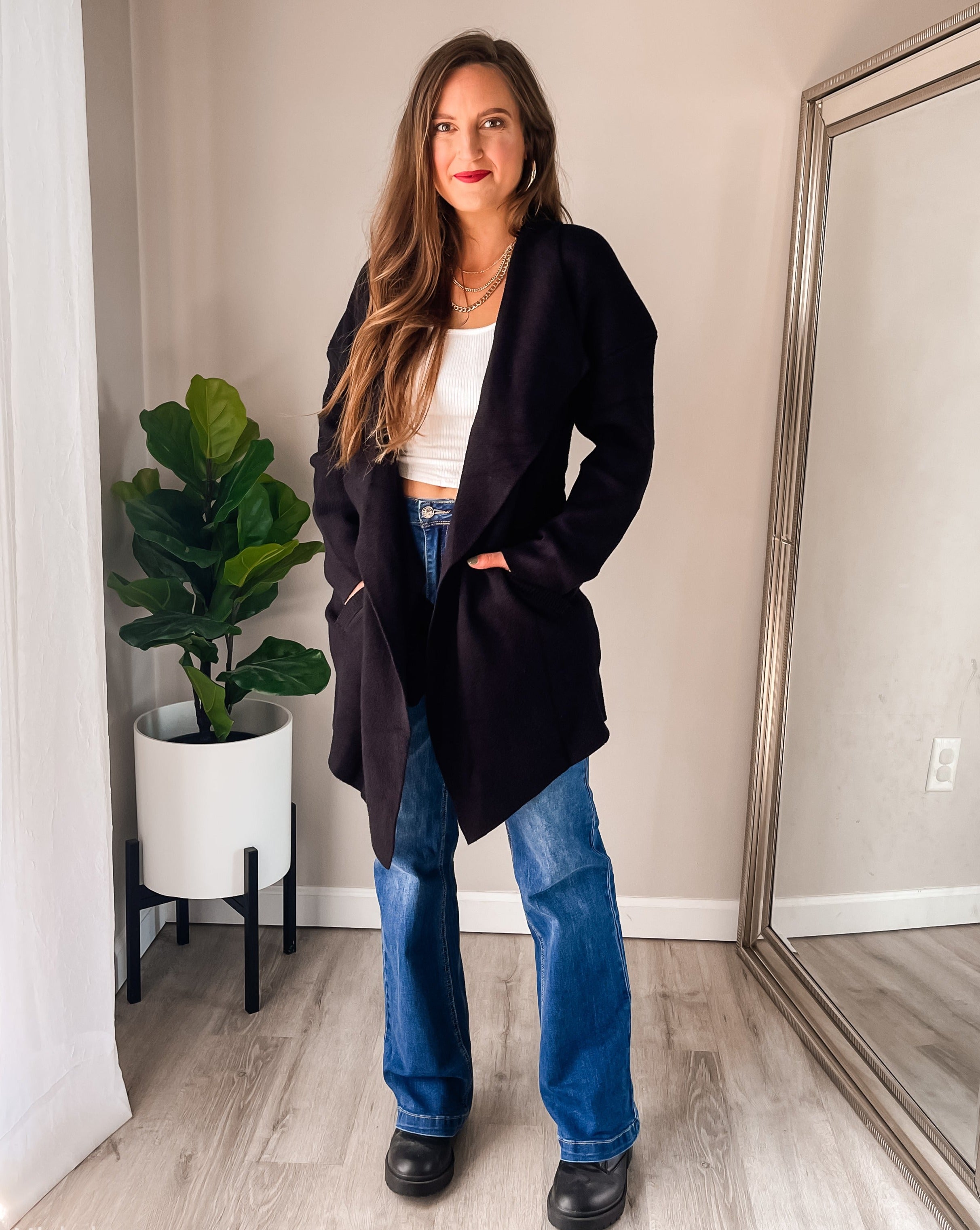 Luxuii Long Sleeve Open Front Irregular Hem Knit Lapel Cardigan
