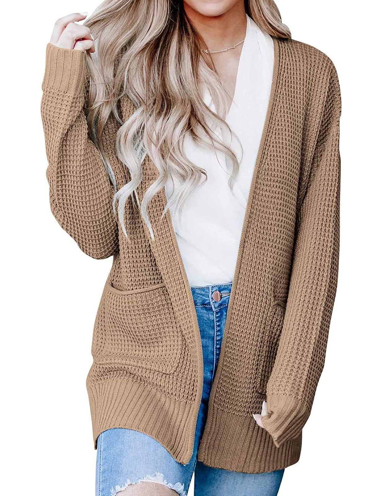 Luxuii Long Sleeve Open Front Waffle Knit Sweater Cardigan