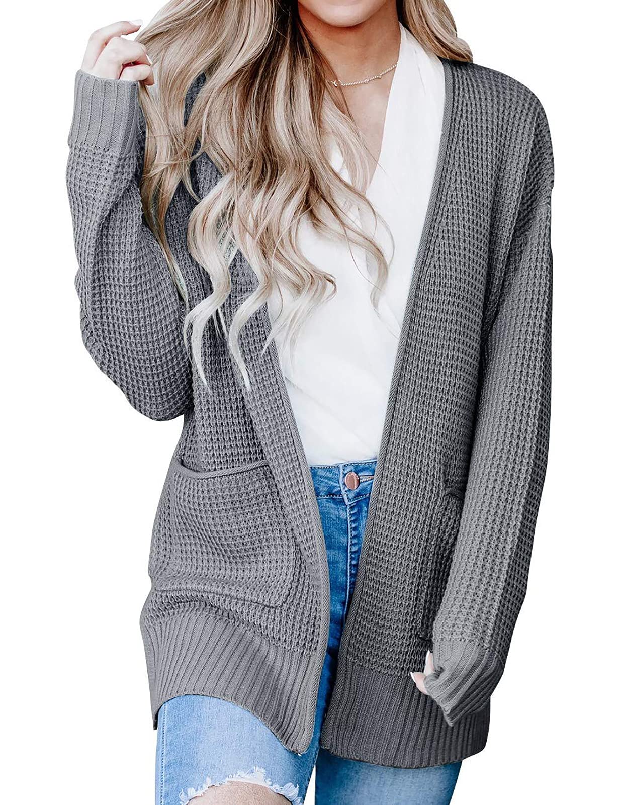 Luxuii Long Sleeve Open Front Waffle Knit Sweater Cardigan