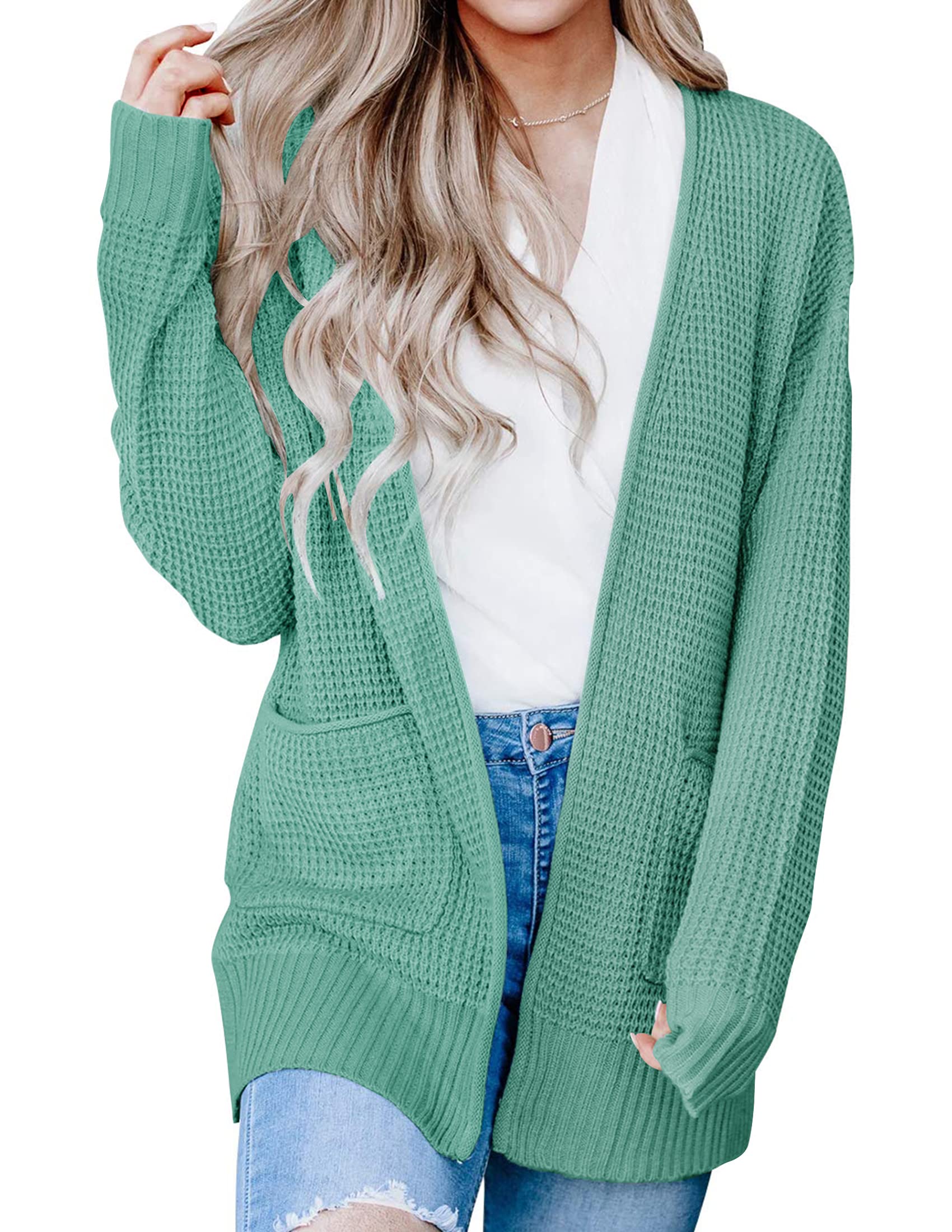 Luxuii Long Sleeve Open Front Waffle Knit Sweater Cardigan