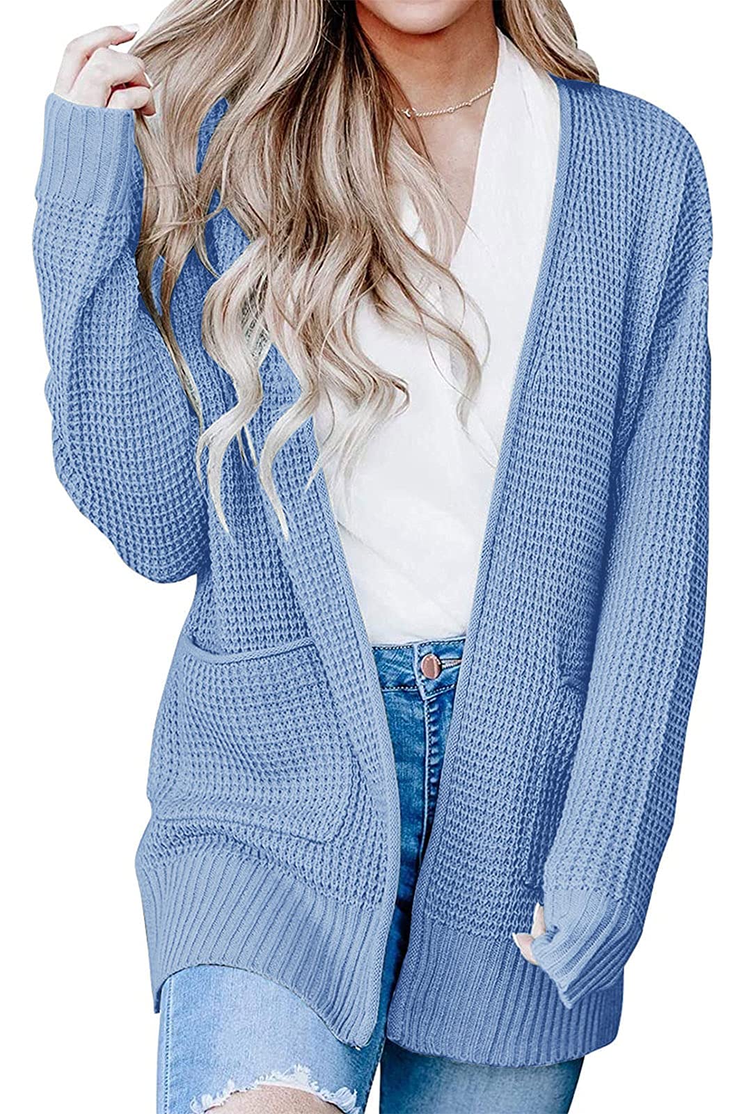 Luxuii Long Sleeve Open Front Waffle Knit Sweater Cardigan