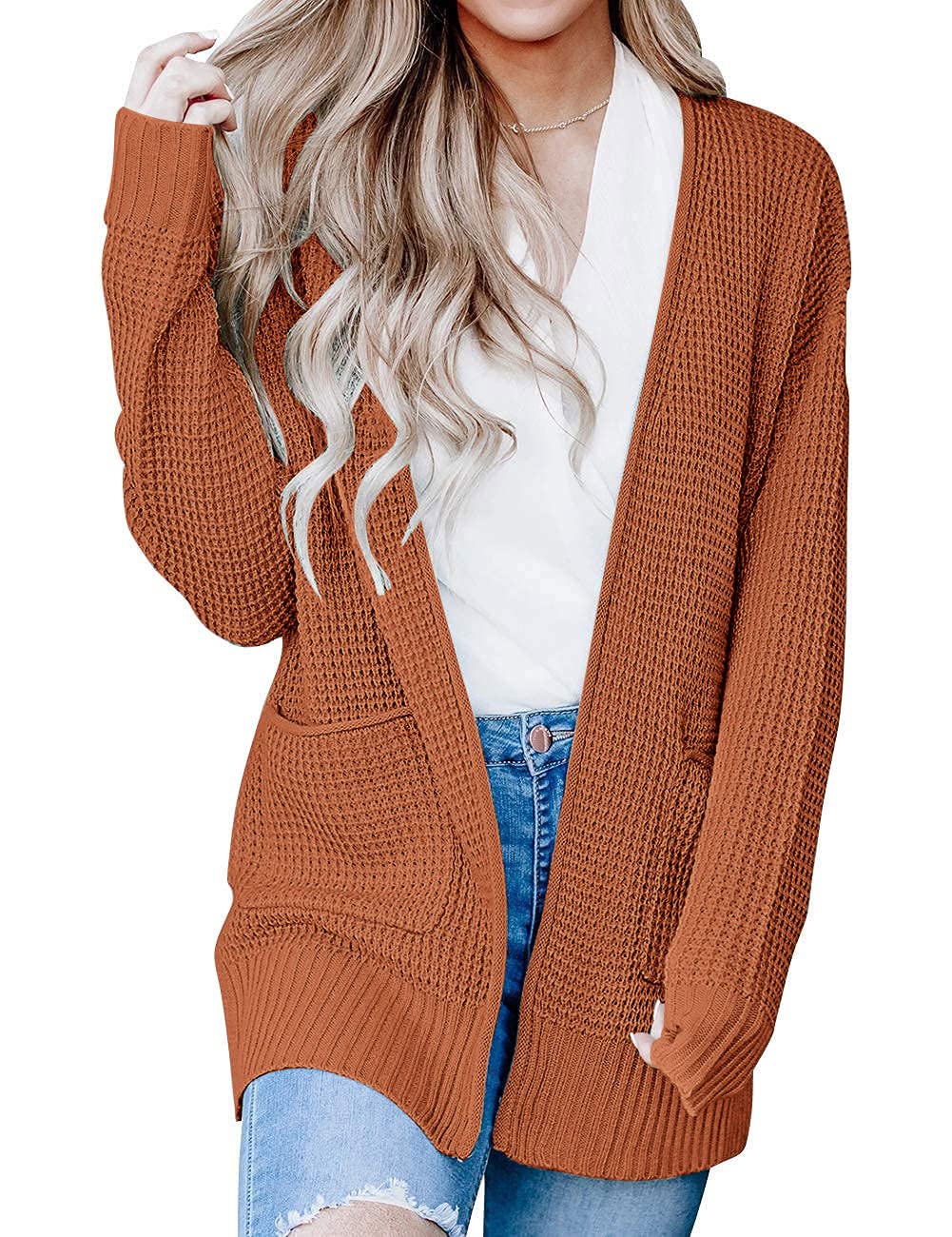 Luxuii Long Sleeve Open Front Waffle Knit Sweater Cardigan