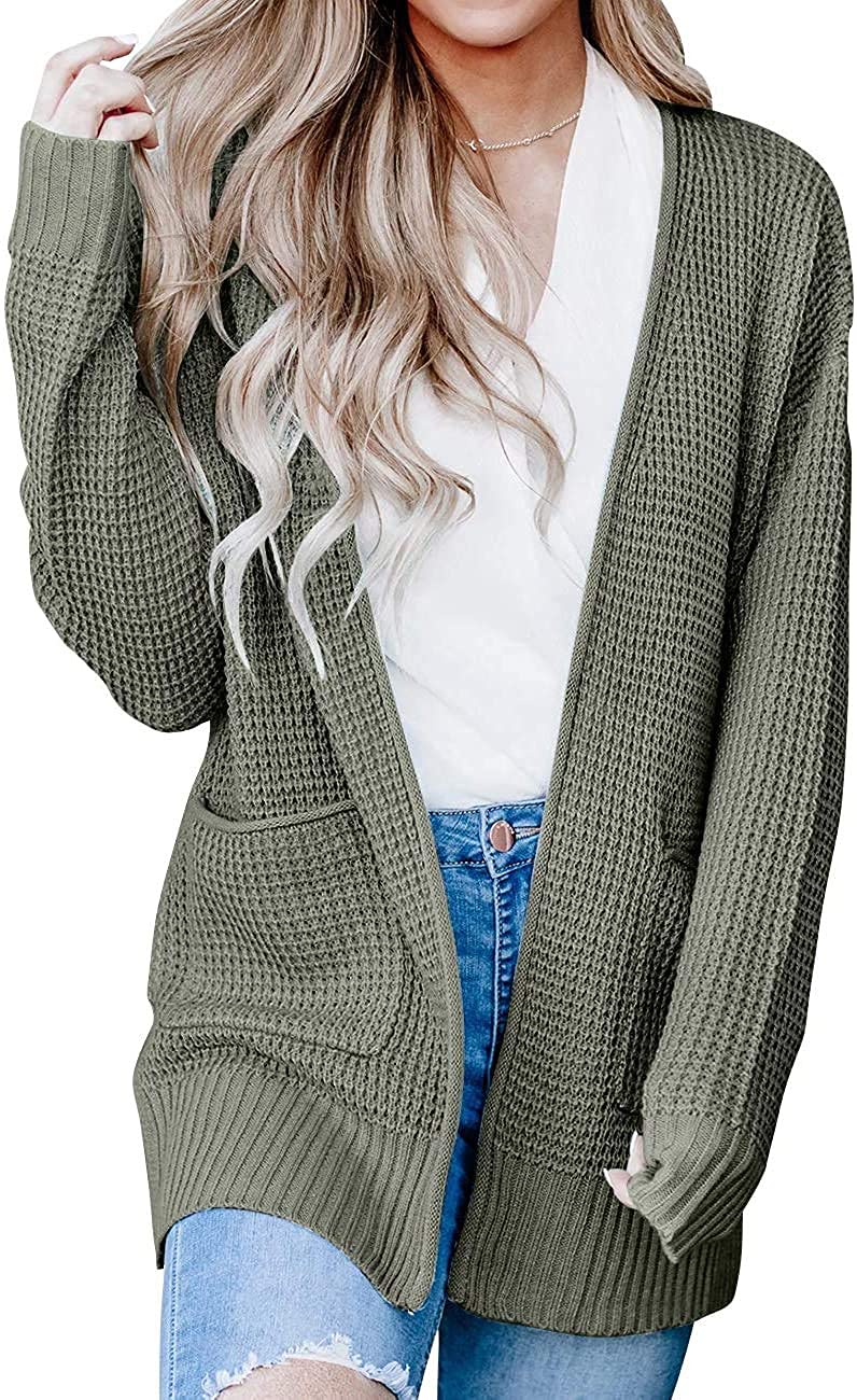 Luxuii Long Sleeve Open Front Waffle Knit Sweater Cardigan