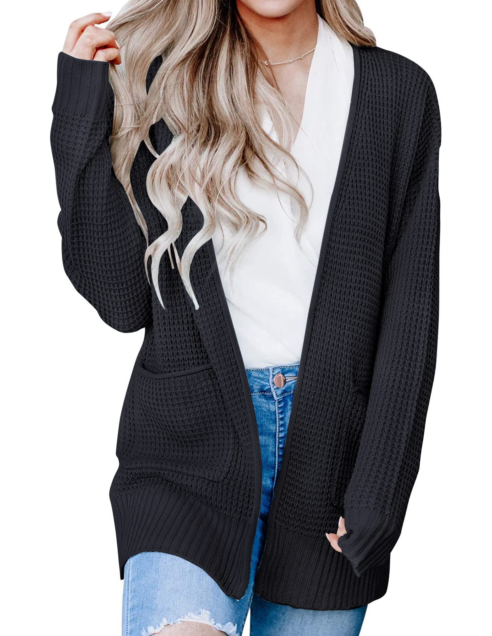 Luxuii Long Sleeve Open Front Waffle Knit Sweater Cardigan