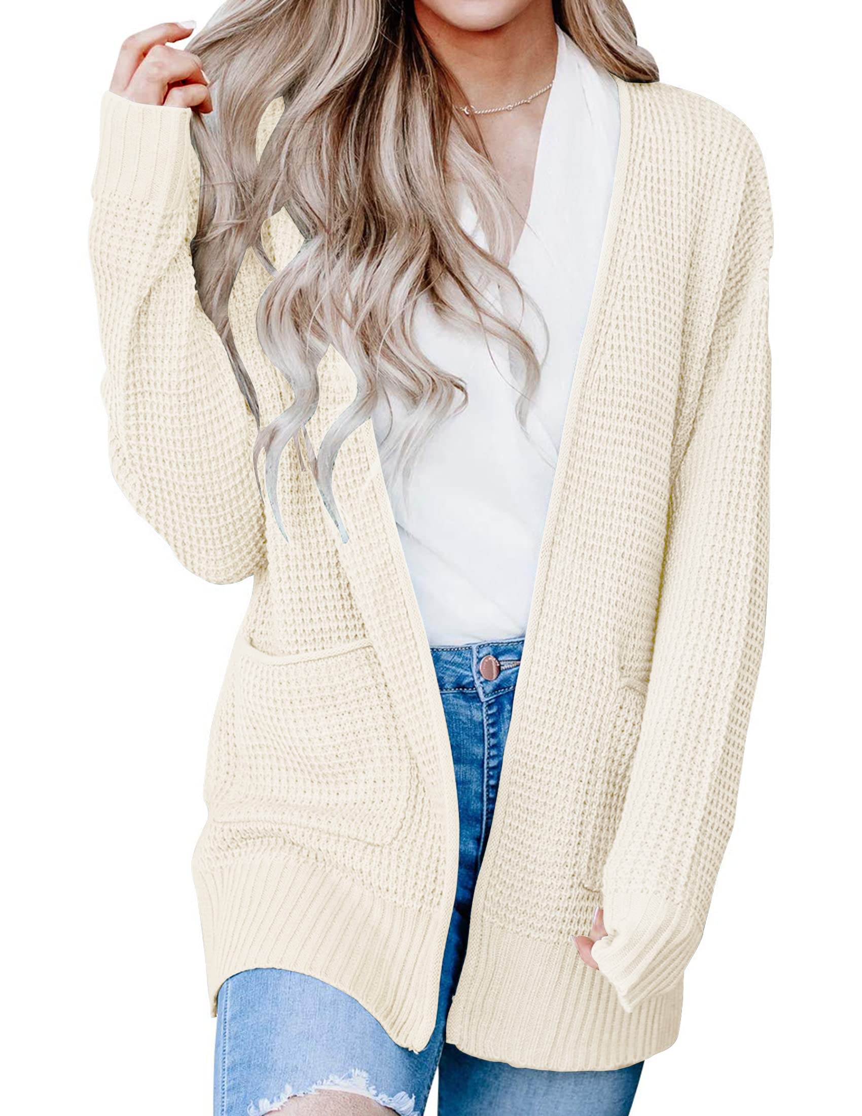 Luxuii Long Sleeve Open Front Waffle Knit Sweater Cardigan