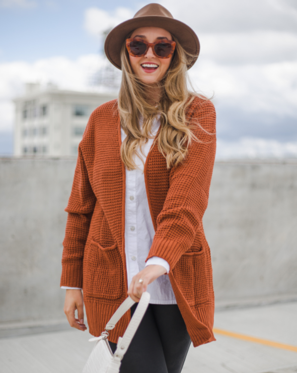 Luxuii Long Sleeve Open Front Waffle Knit Sweater Cardigan