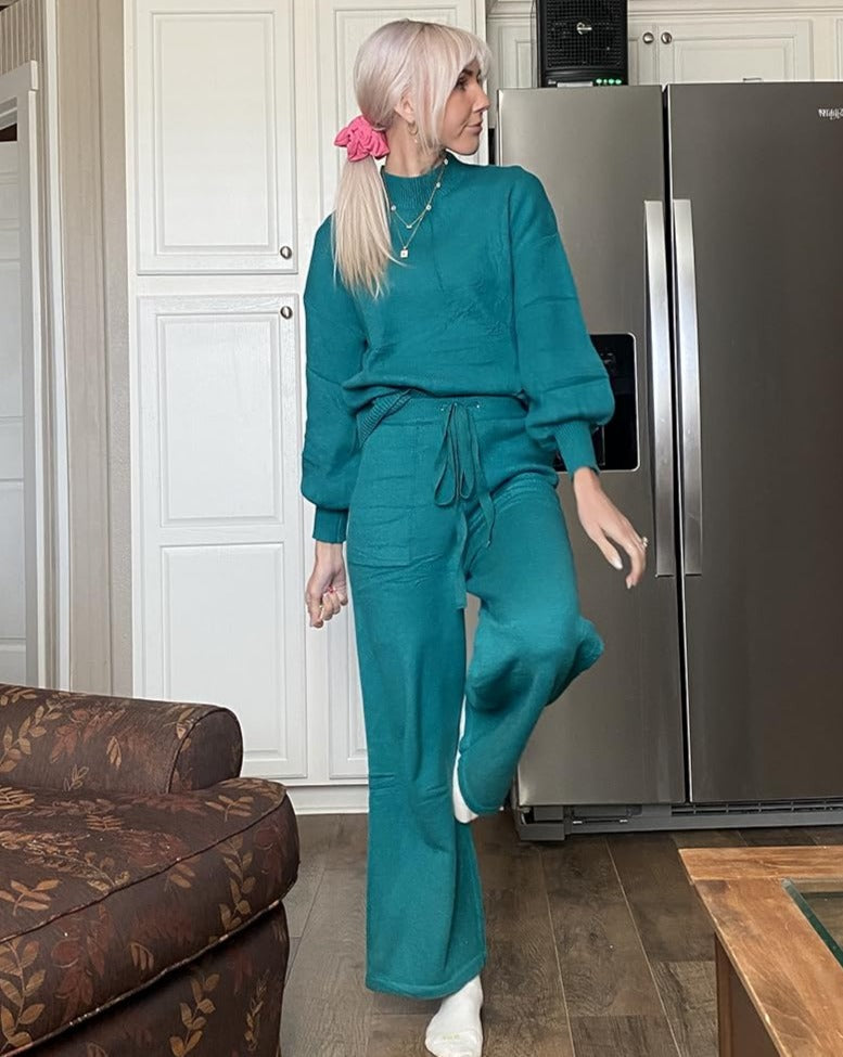Luxuii Long Sleeve Pullover Wide Leg Pants Sweater Set