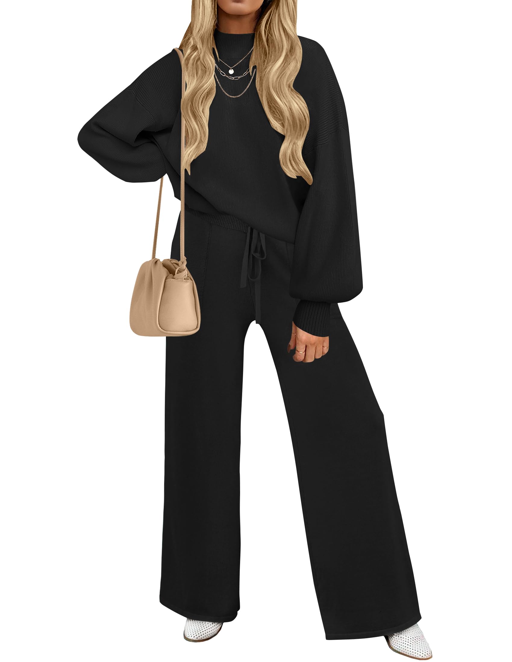 Luxuii Long Sleeve Pullover Wide Leg Pants Sweater Set