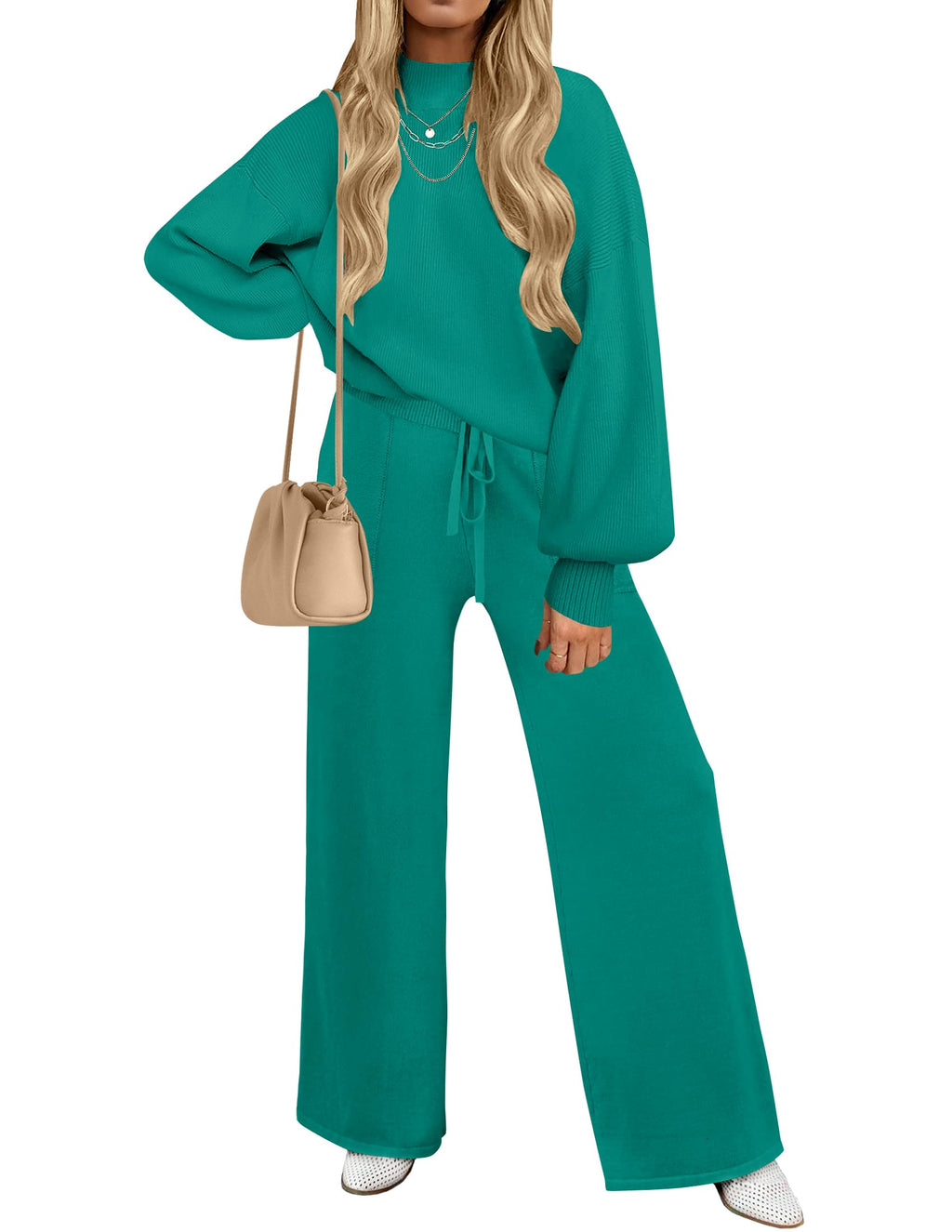 Luxuii Long Sleeve Pullover Wide Leg Pants Sweater Set
