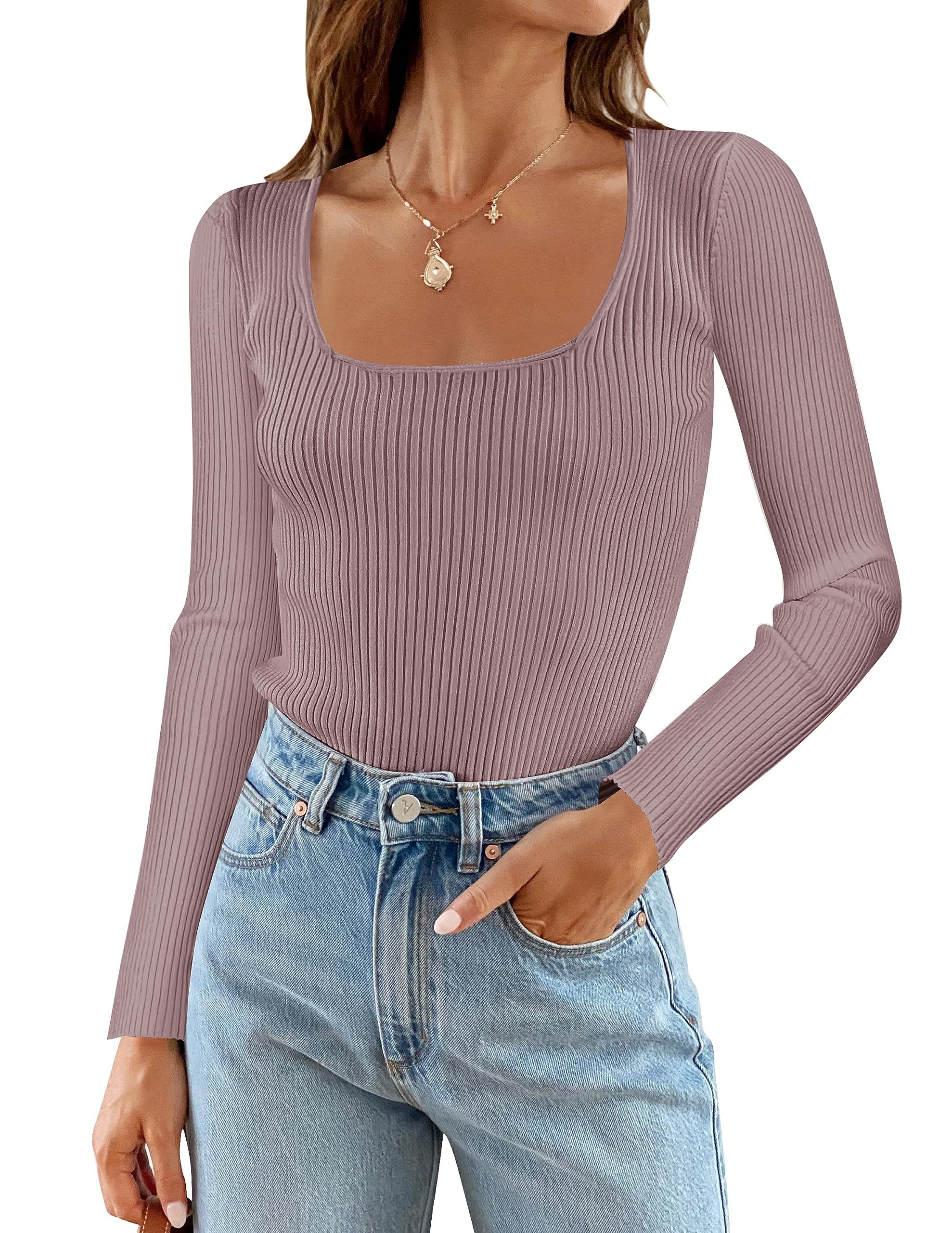 Luxuii Long Sleeve Square Neck Slim Fitted Ribbed Knit Top