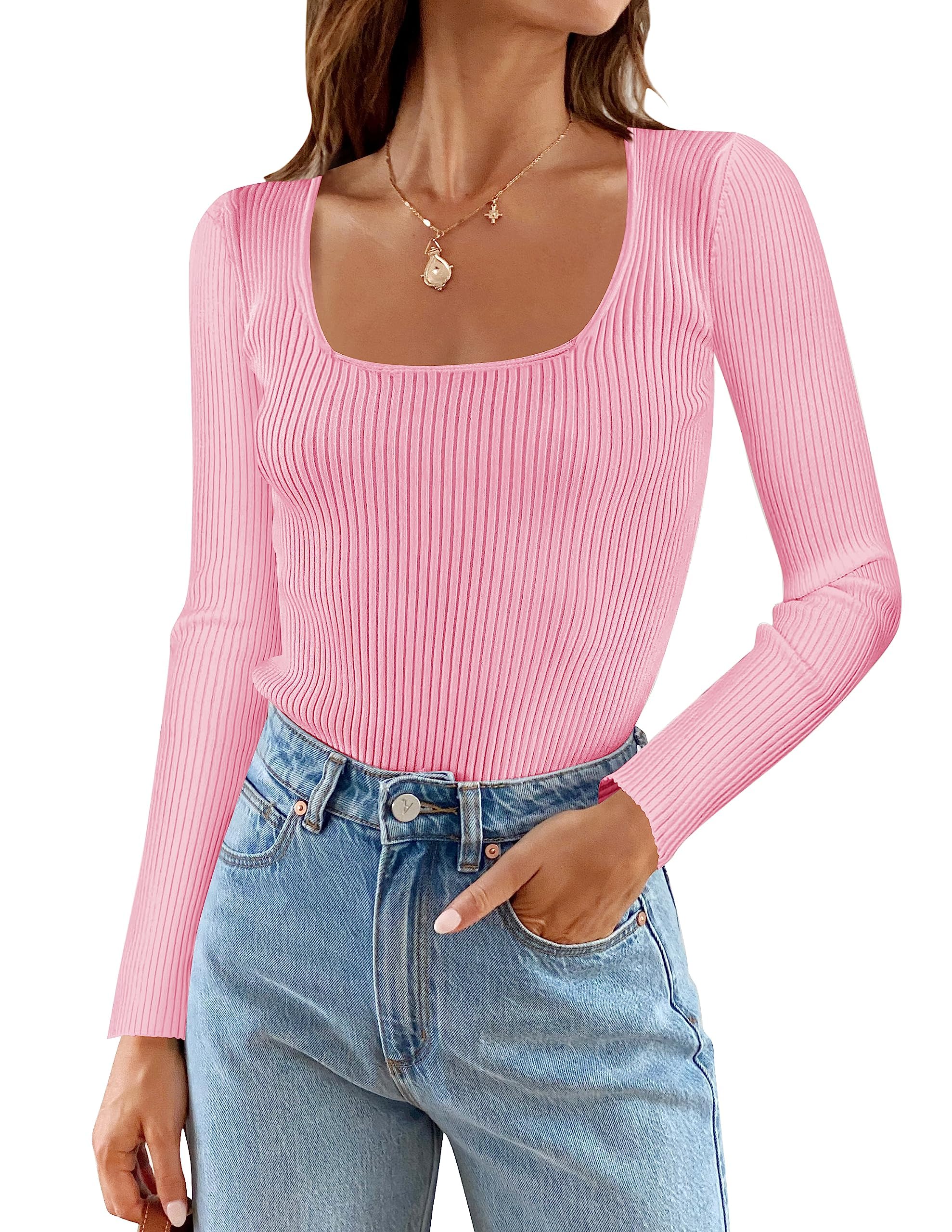 Luxuii Long Sleeve Square Neck Slim Fitted Ribbed Knit Top