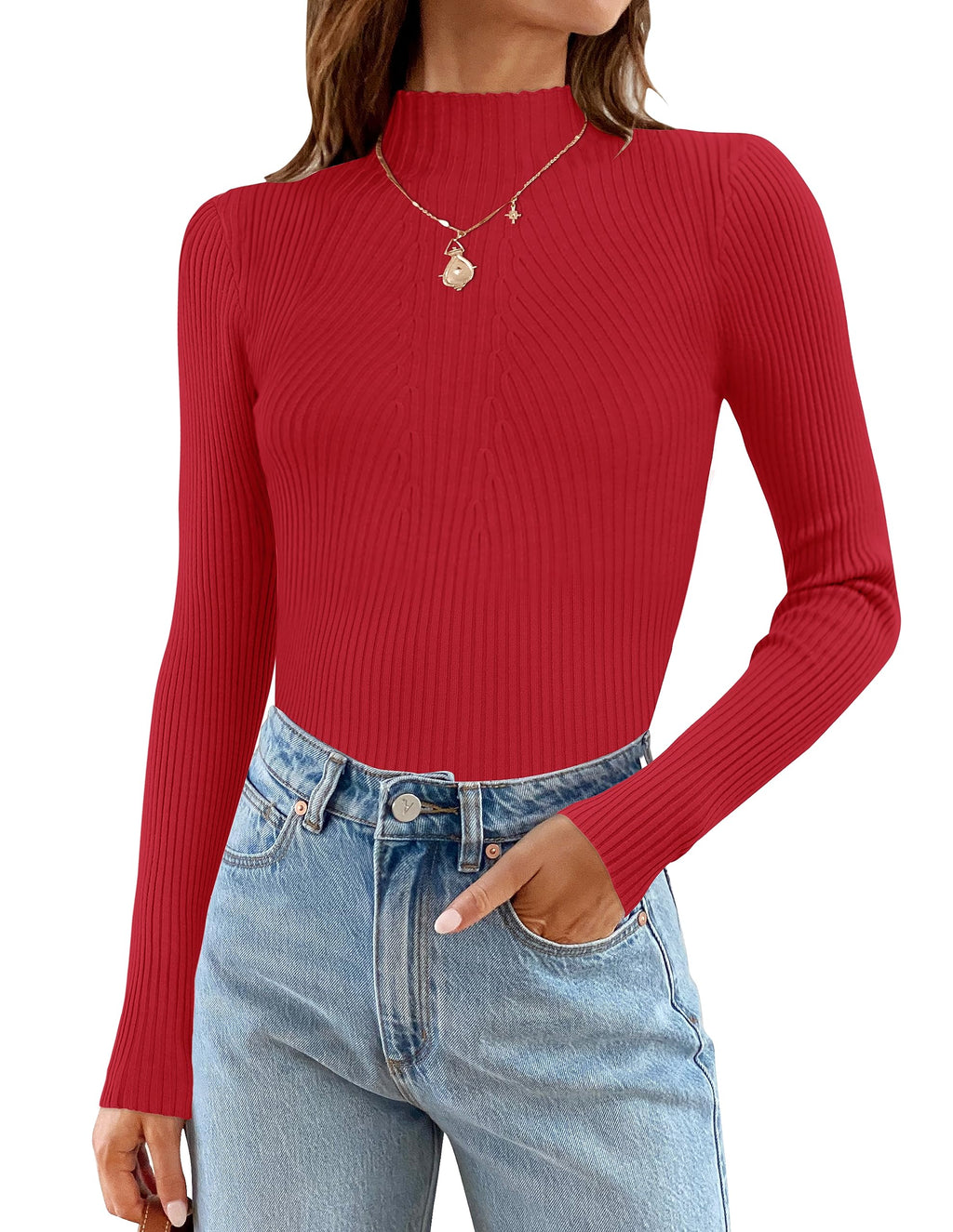Luxuii Long Sleeve Turtleneck Ribbed Knit Basic Top