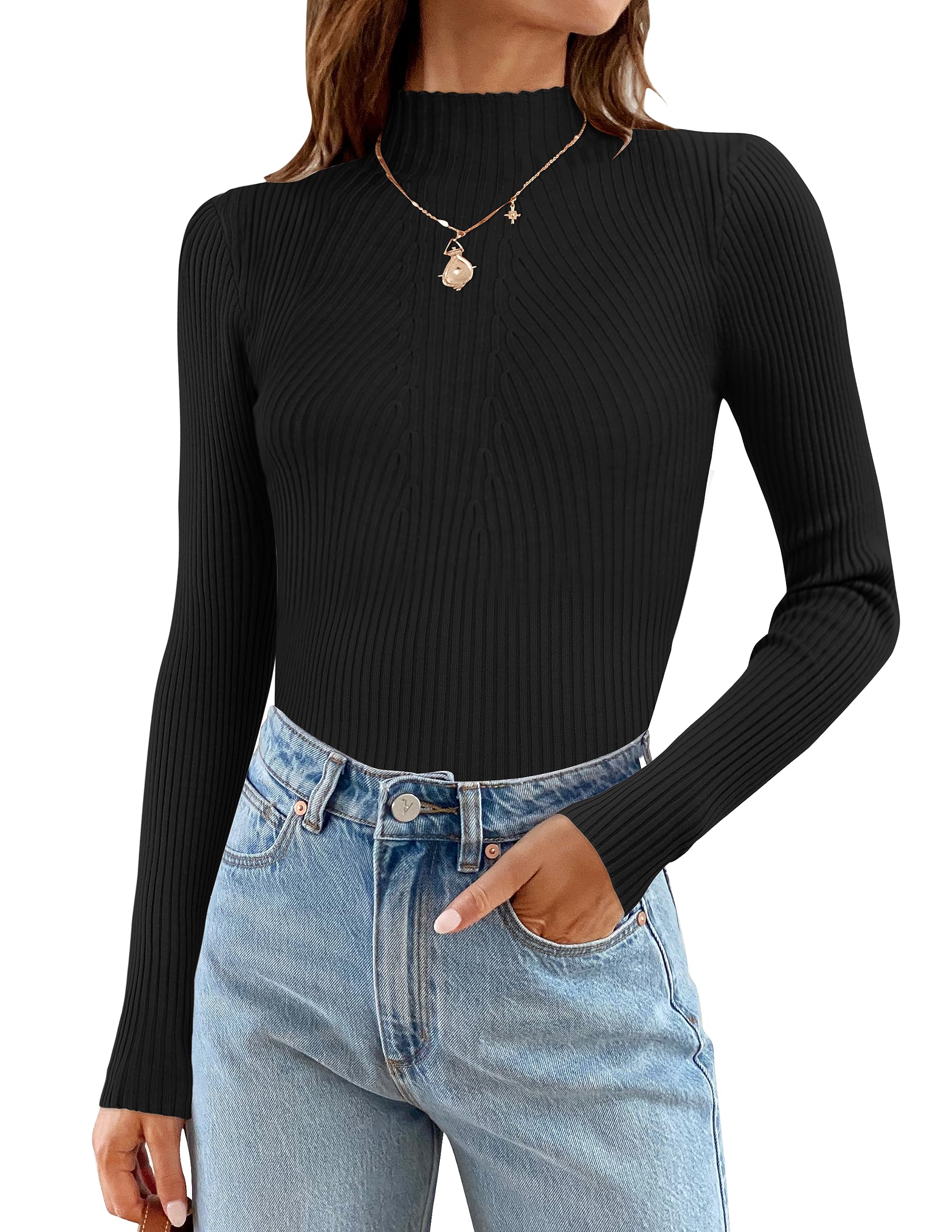 Luxuii Long Sleeve Turtleneck Ribbed Knit Basic Top