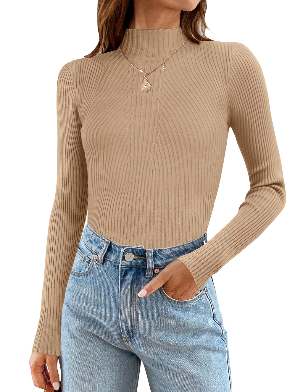 Luxuii Long Sleeve Turtleneck Ribbed Knit Basic Top