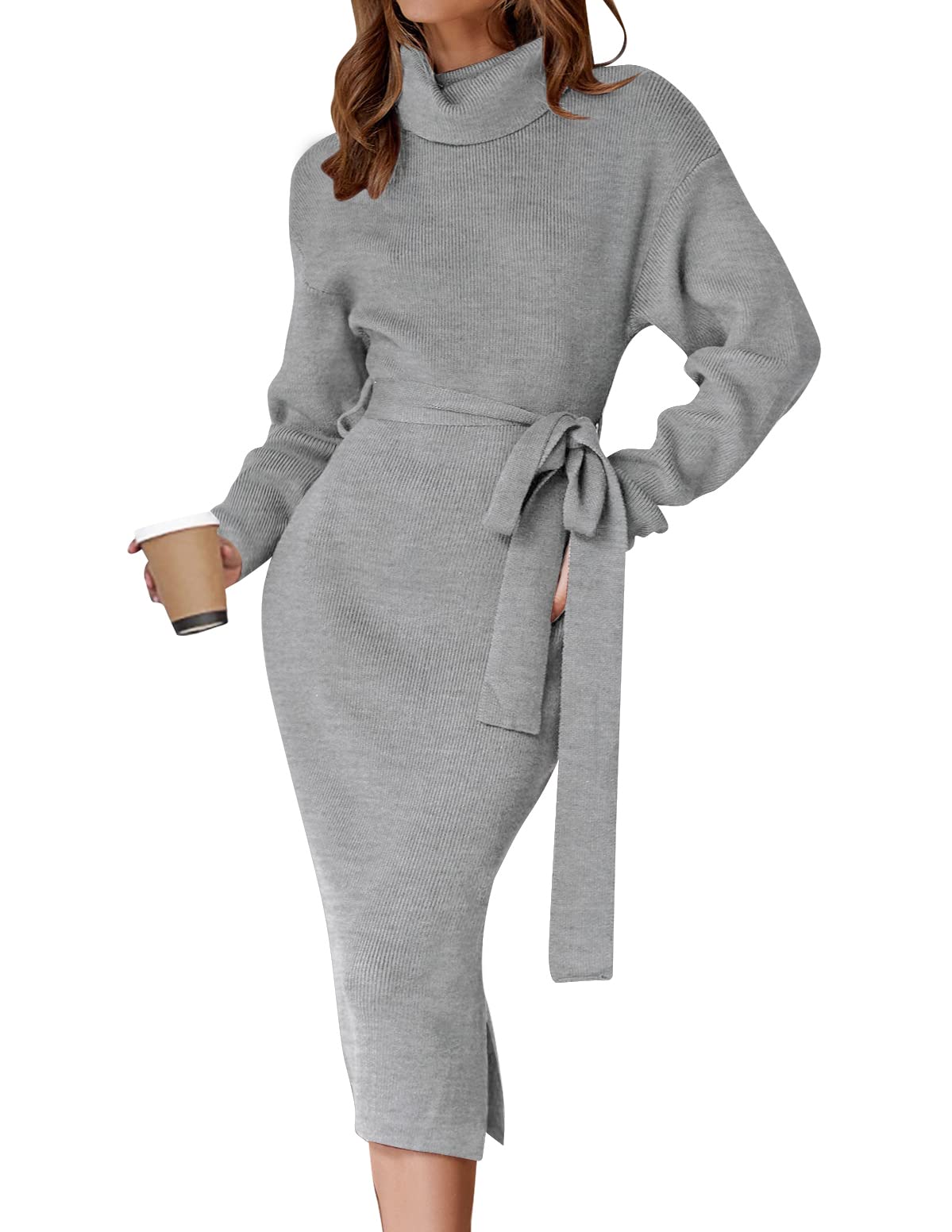 Luxuii Long Sleeve Turtleneck Sweater Slit Midi Dress