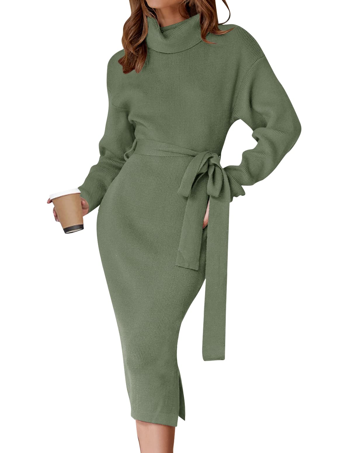 Luxuii Long Sleeve Turtleneck Sweater Slit Midi Dress