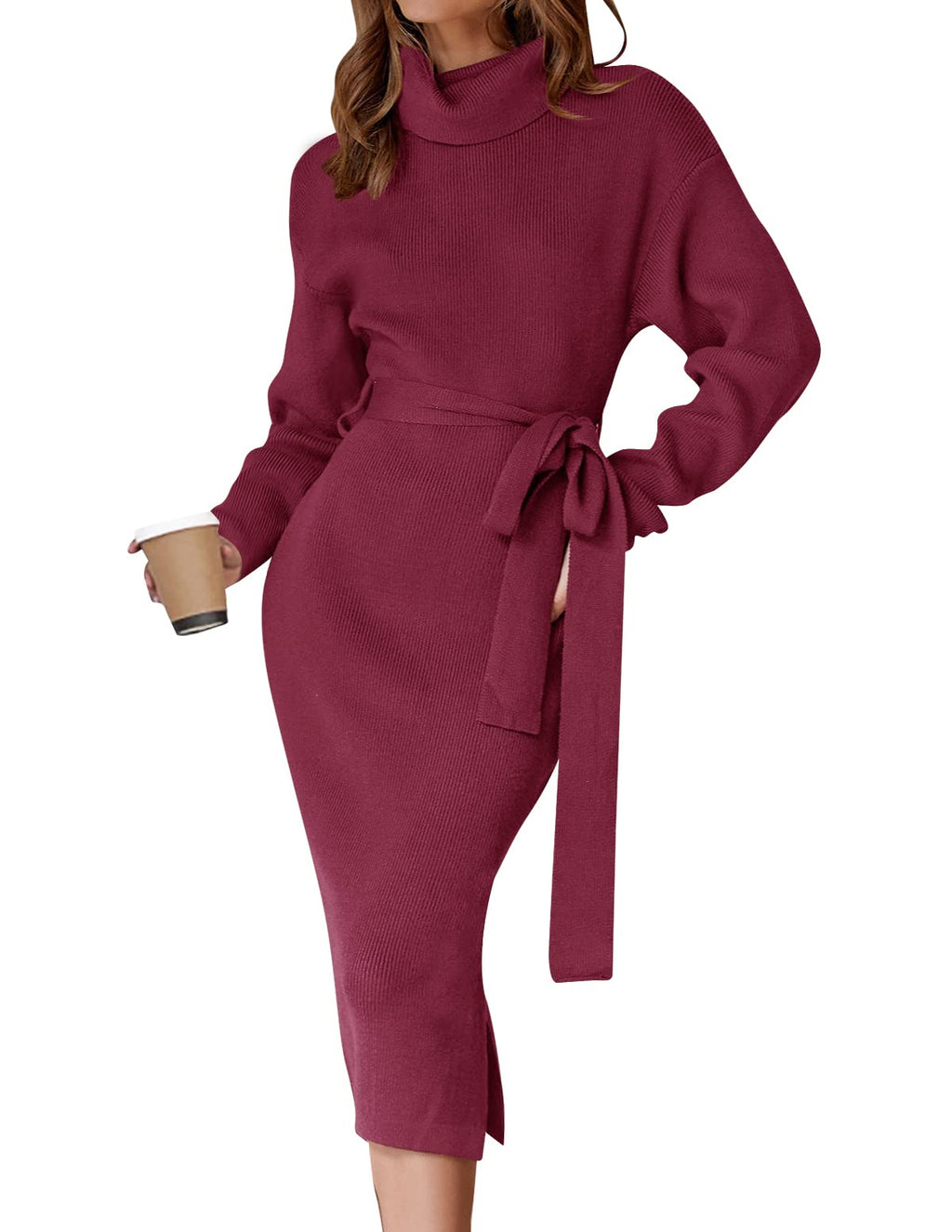 Luxuii Long Sleeve Turtleneck Sweater Slit Midi Dress