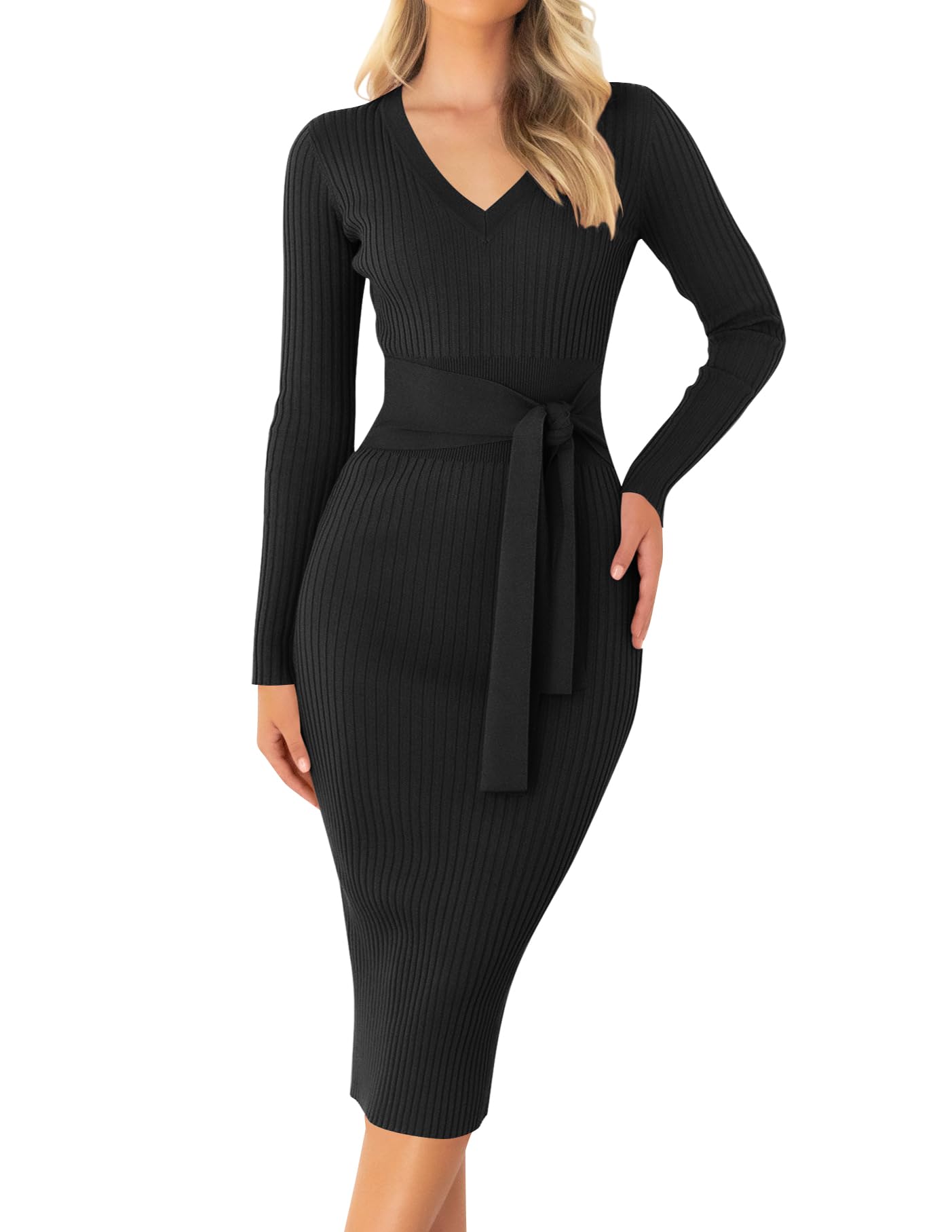 Luxuii Long Sleeve V Neck Tie Waist Ribbed Bodycon Midi Dress