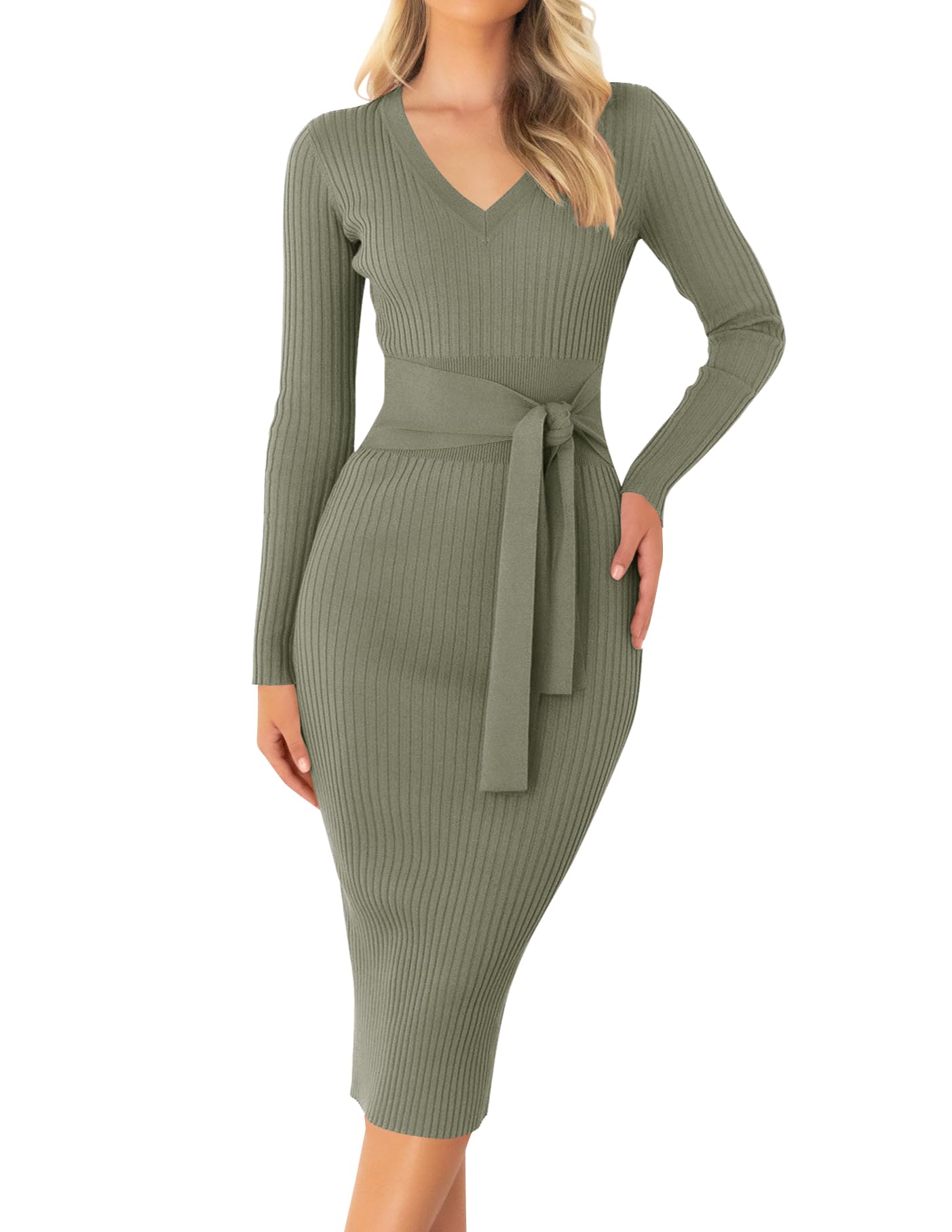 Luxuii Long Sleeve V Neck Tie Waist Ribbed Bodycon Midi Dress