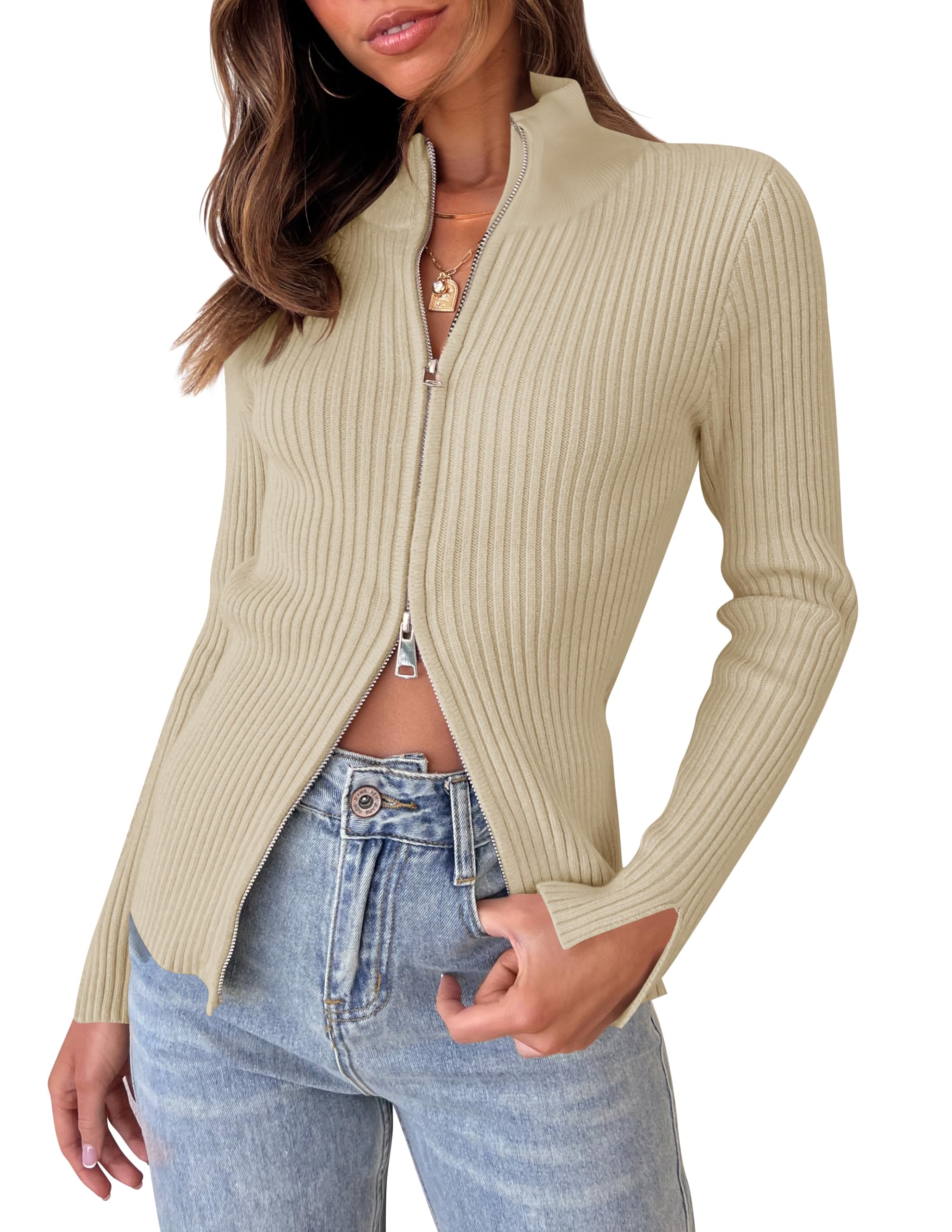 Luxuii Long Sleeve V Neck Zip Up Ribbed Knit Slim Fitted Top