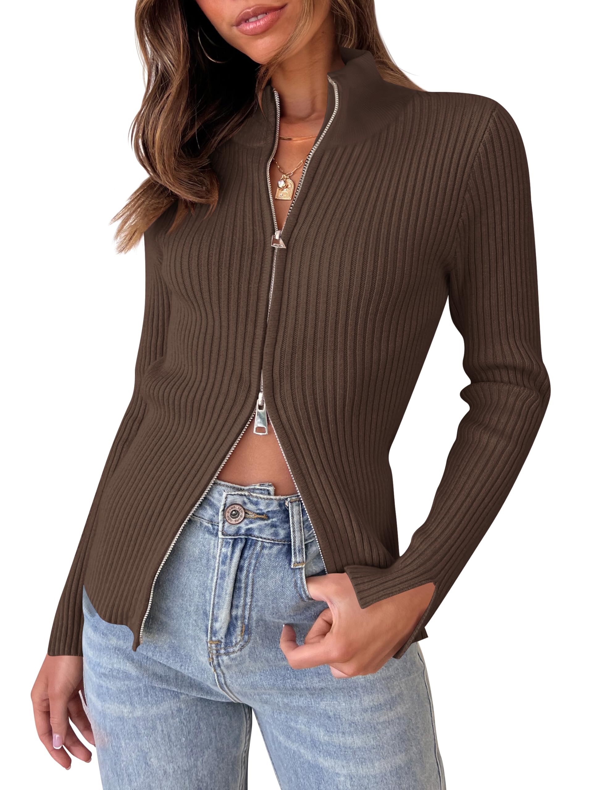 Luxuii Long Sleeve V Neck Zip Up Ribbed Knit Slim Fitted Top