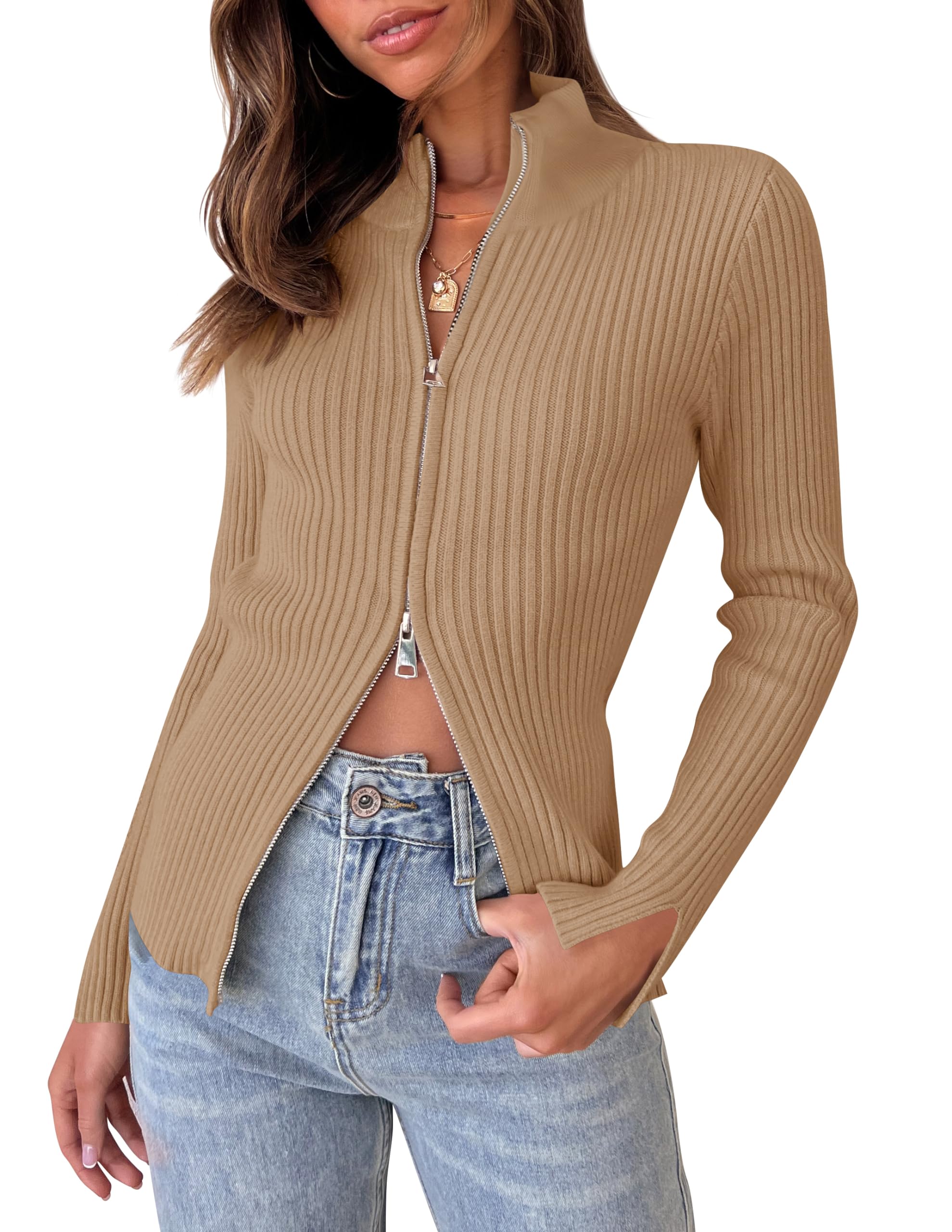 Luxuii Long Sleeve V Neck Zip Up Ribbed Knit Slim Fitted Top