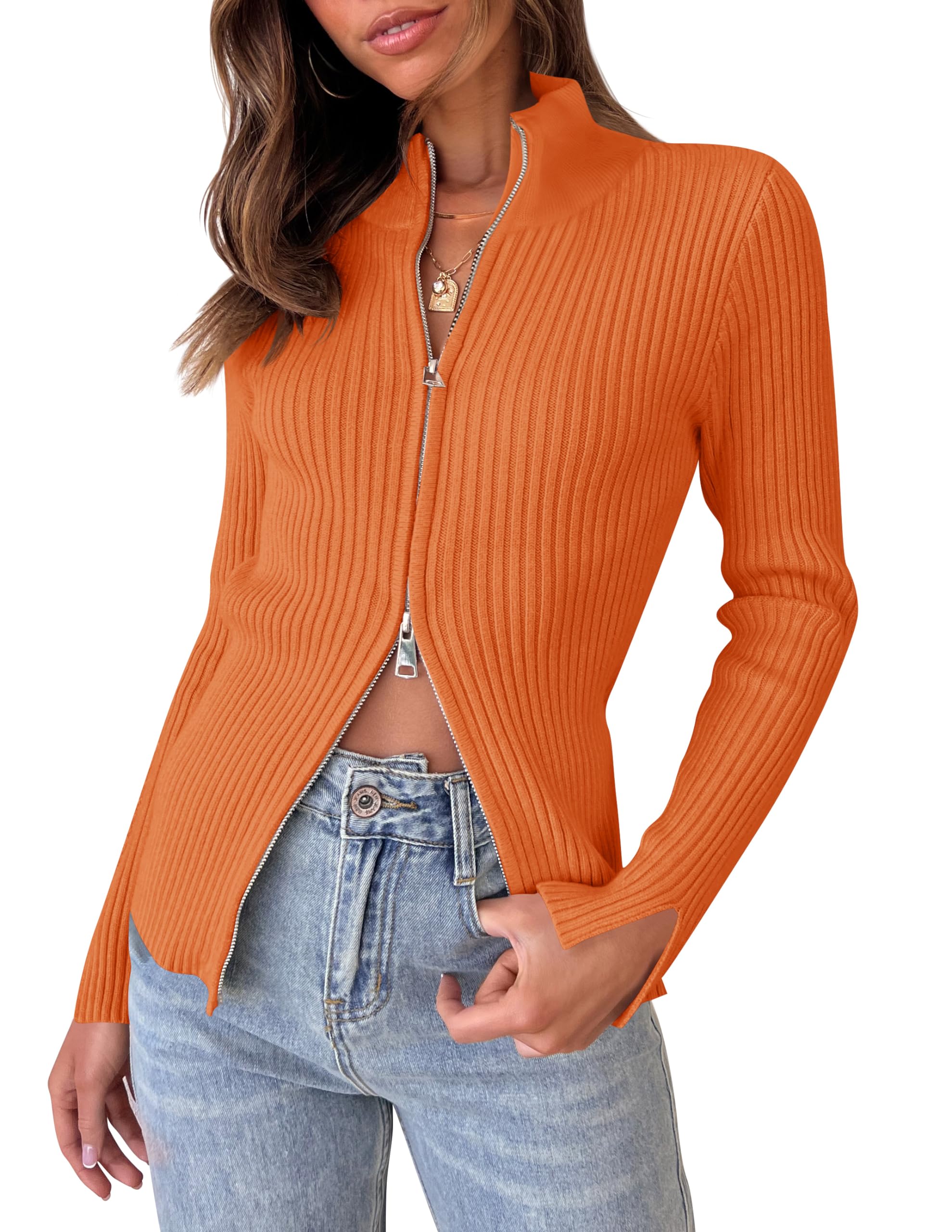 Luxuii Long Sleeve V Neck Zip Up Ribbed Knit Slim Fitted Top