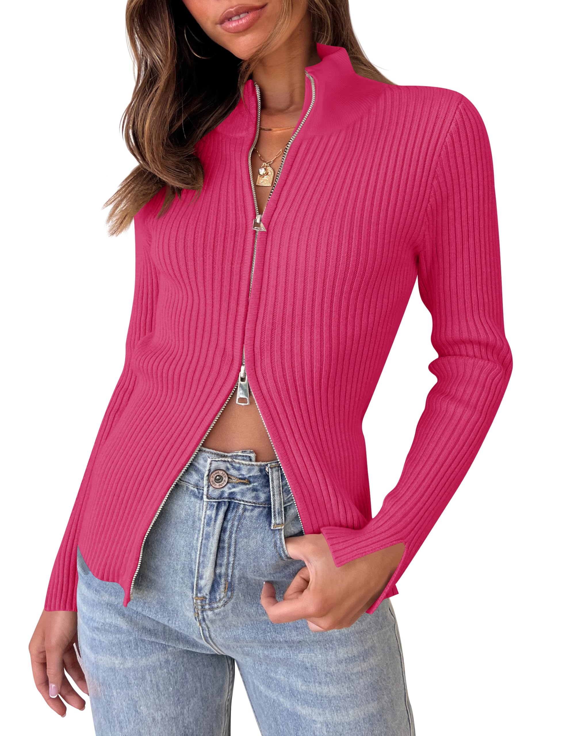 Luxuii Long Sleeve V Neck Zip Up Ribbed Knit Slim Fitted Top