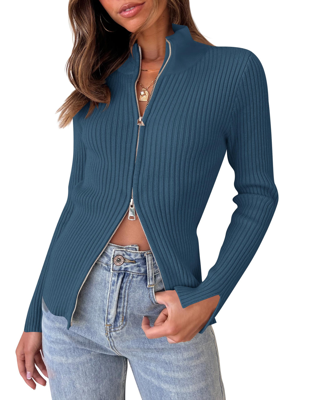 Luxuii Long Sleeve V Neck Zip Up Ribbed Knit Slim Fitted Top