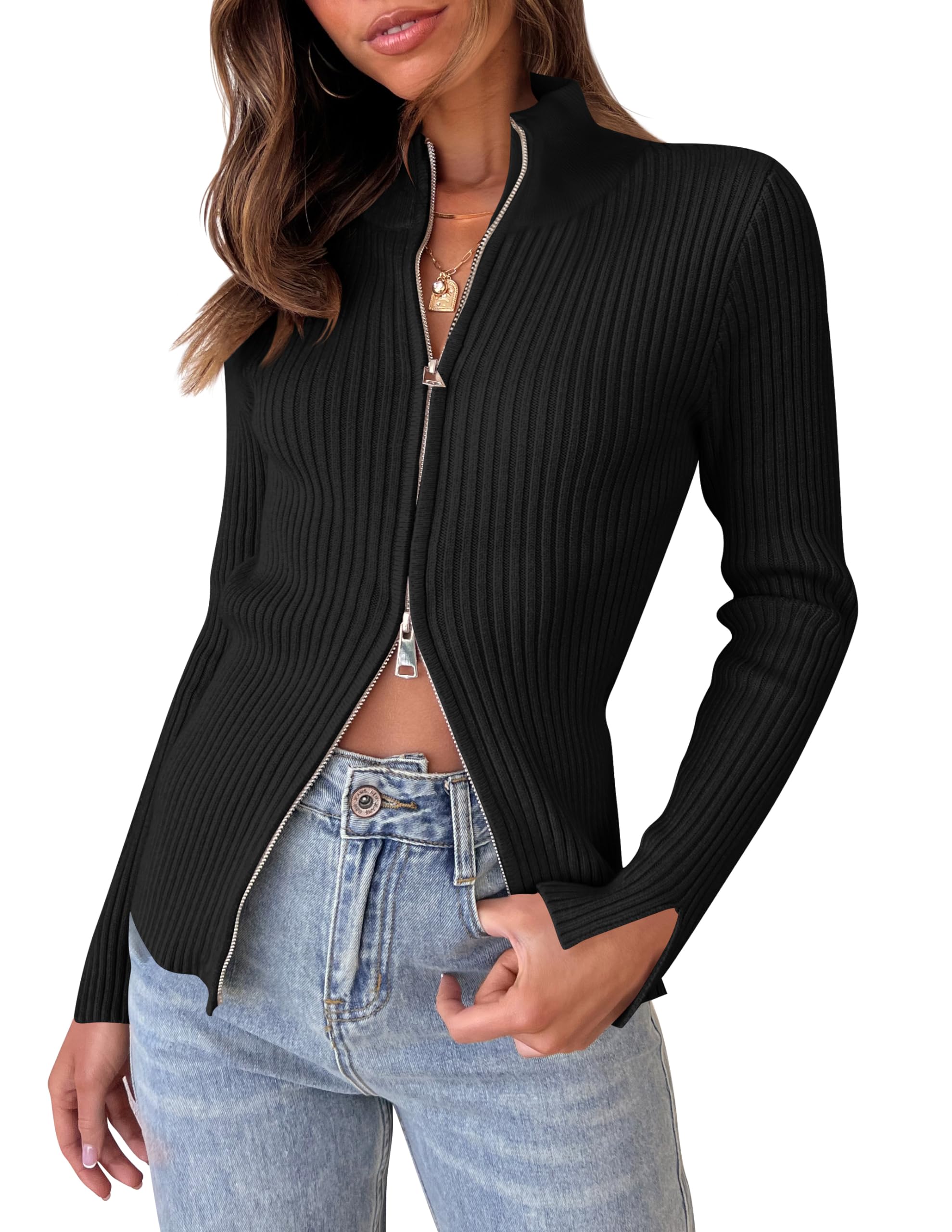 Luxuii Long Sleeve V Neck Zip Up Ribbed Knit Slim Fitted Top