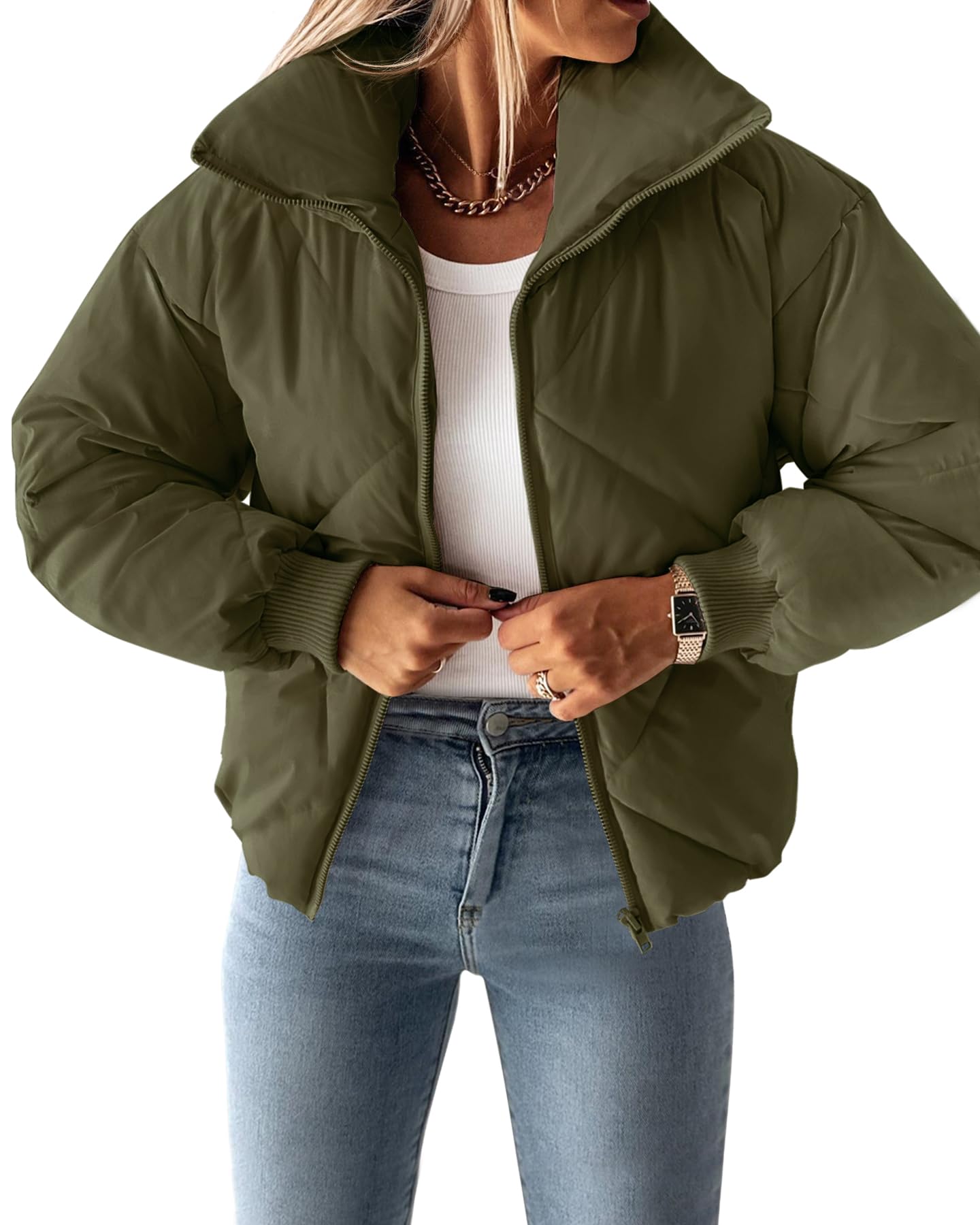 Luxuii Long Sleeve Zip Up Quilted Cropped Puffer Jacket