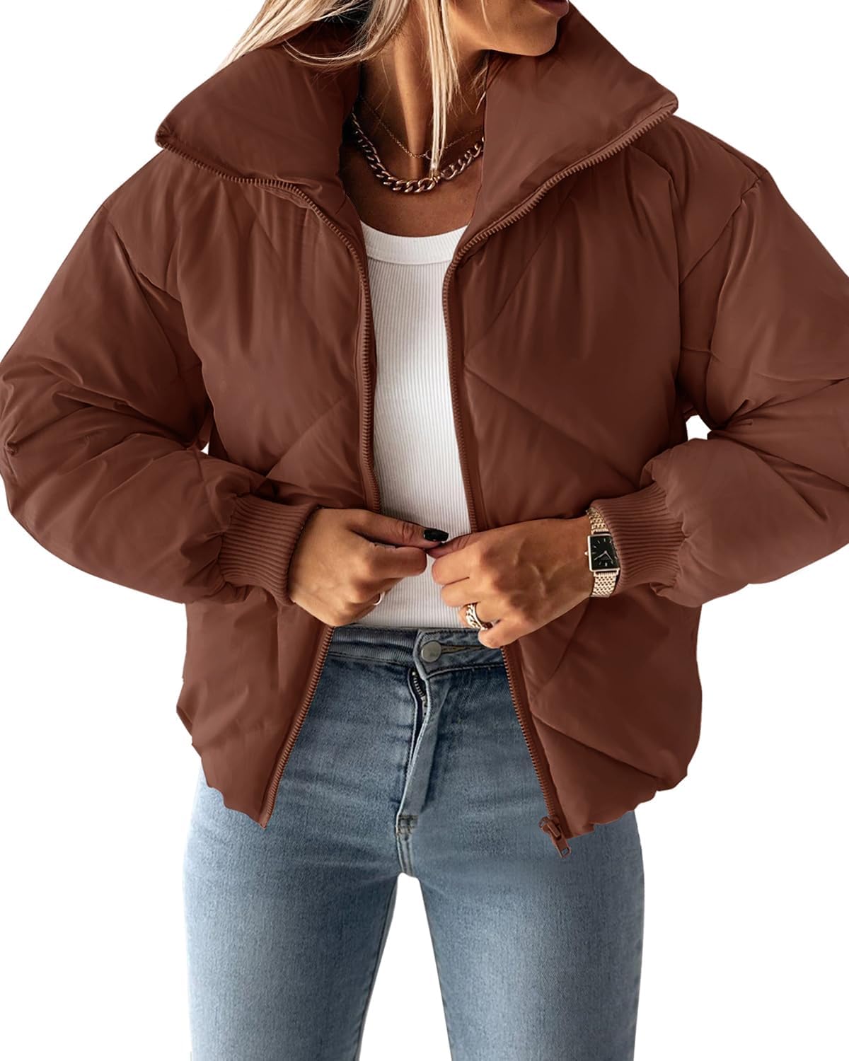 Luxuii Long Sleeve Zip Up Quilted Cropped Puffer Jacket