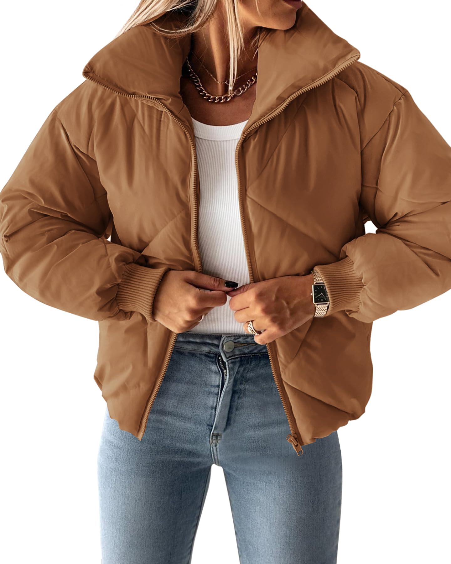 Luxuii Long Sleeve Zip Up Quilted Cropped Puffer Jacket