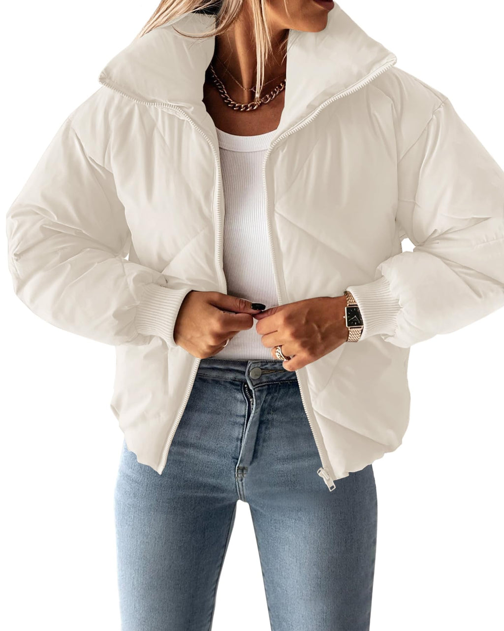 Luxuii Long Sleeve Zip Up Quilted Cropped Puffer Jacket