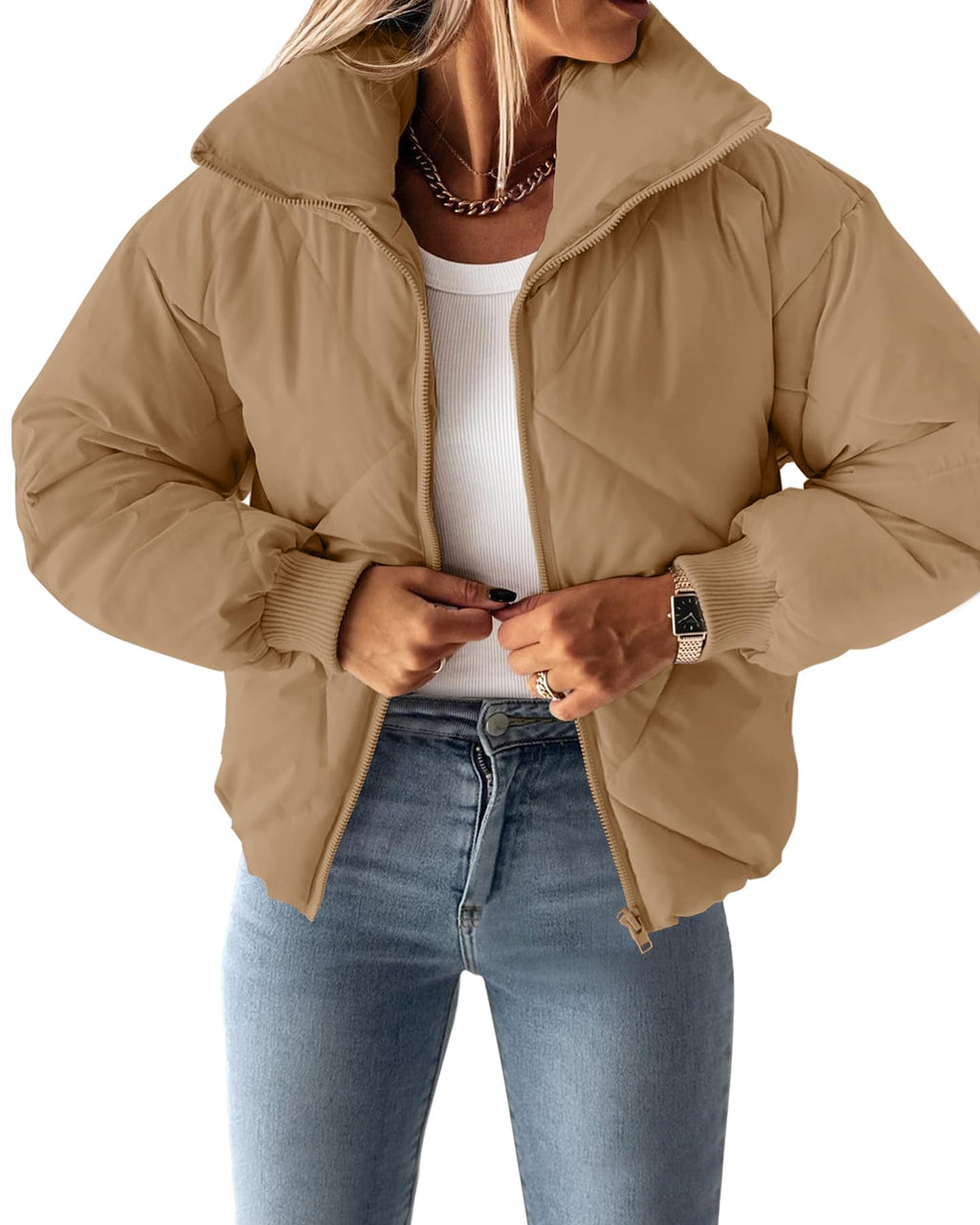 Luxuii Long Sleeve Zip Up Quilted Cropped Puffer Jacket