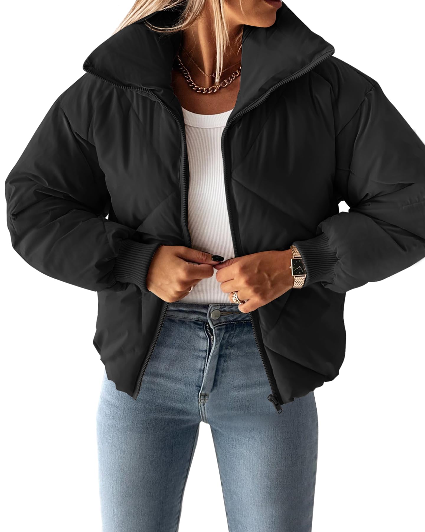 Luxuii Long Sleeve Zip Up Quilted Cropped Puffer Jacket