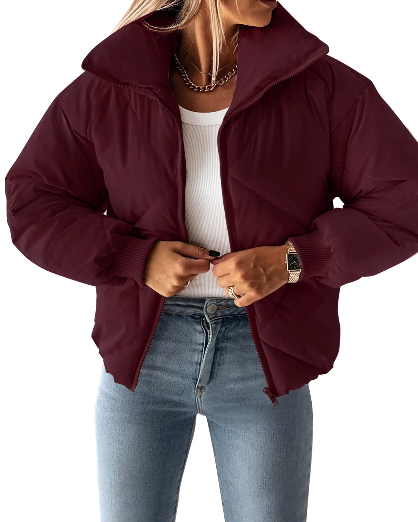Luxuii Long Sleeve Zip Up Quilted Cropped Puffer Jacket