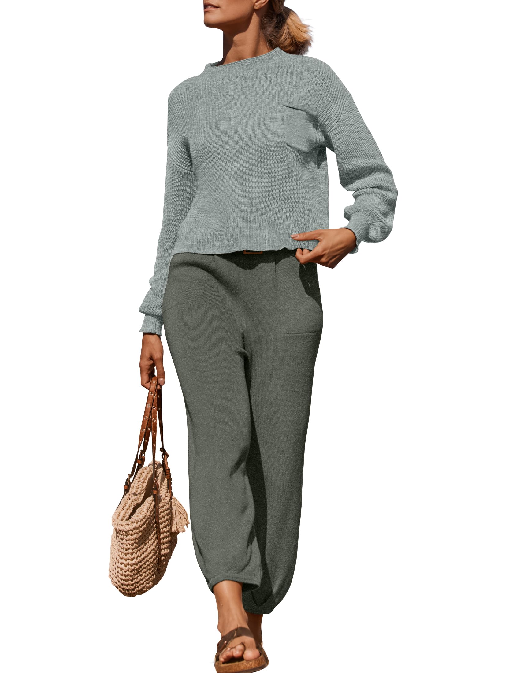 Luxuii Mock Neck Knit Pullover Top High Waist Pant Sweater Set