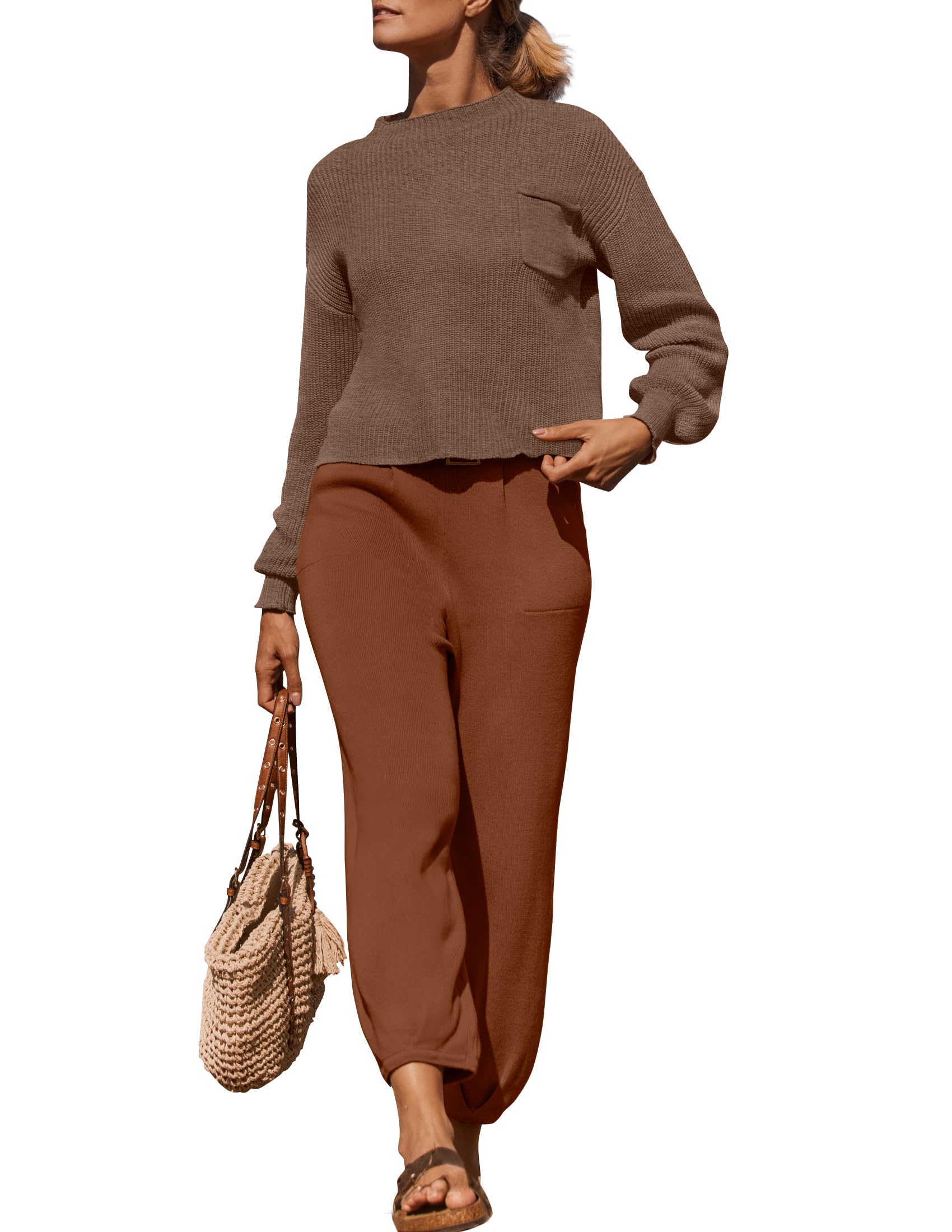 Luxuii Mock Neck Knit Pullover Top High Waist Pant Sweater Set