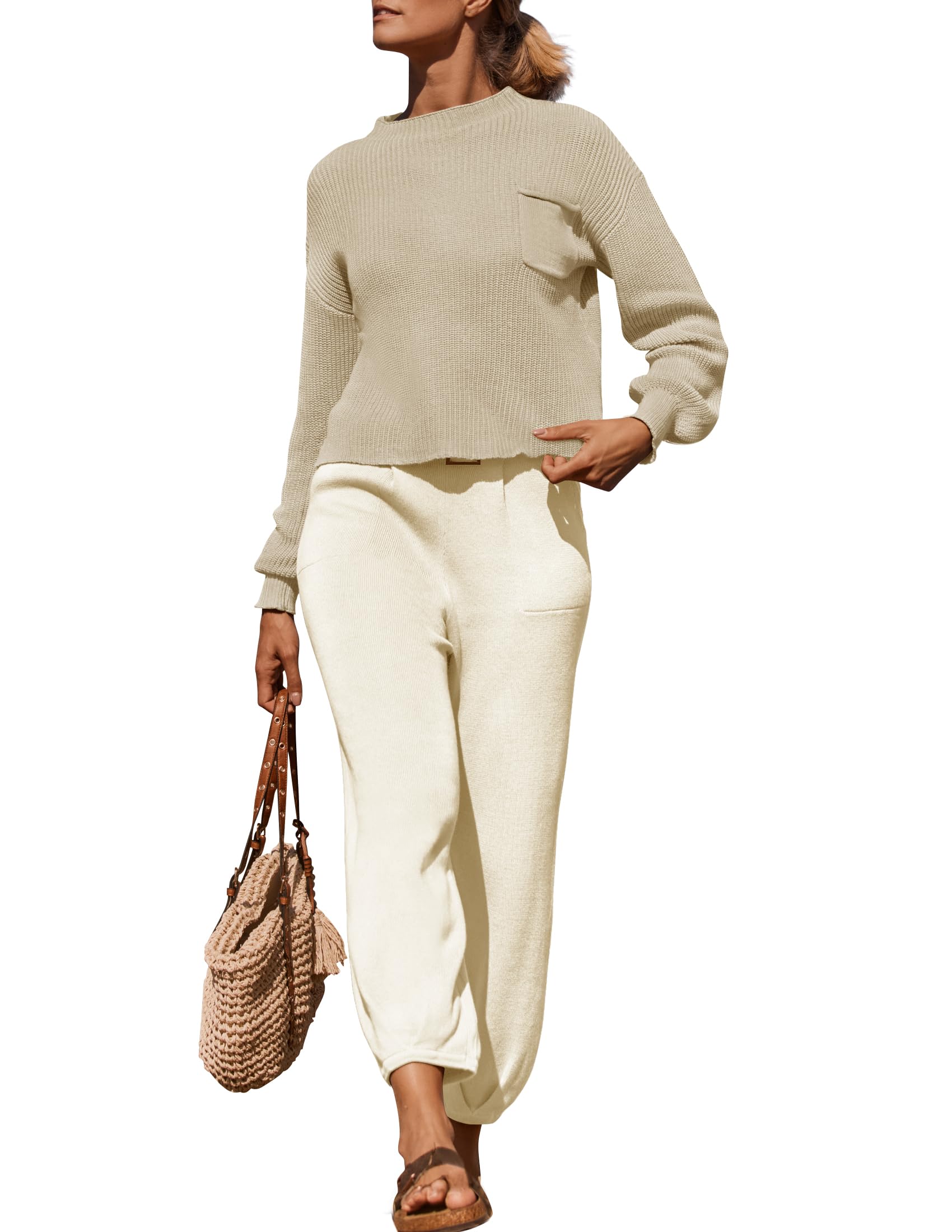 Luxuii Mock Neck Knit Pullover Top High Waist Pant Sweater Set