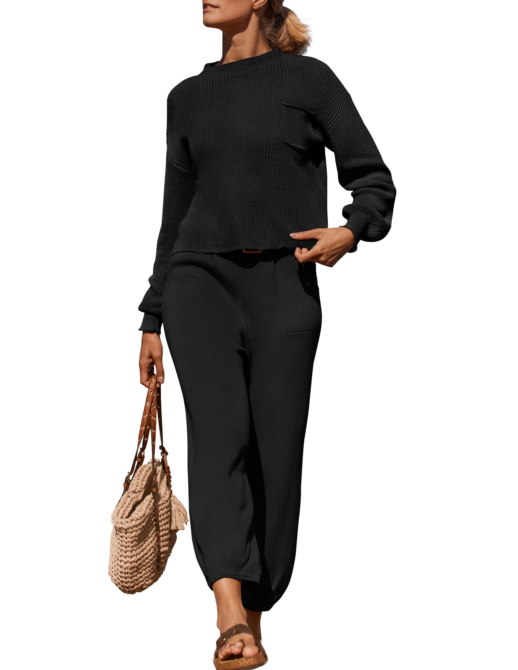 Luxuii Mock Neck Knit Pullover Top High Waist Pant Sweater Set