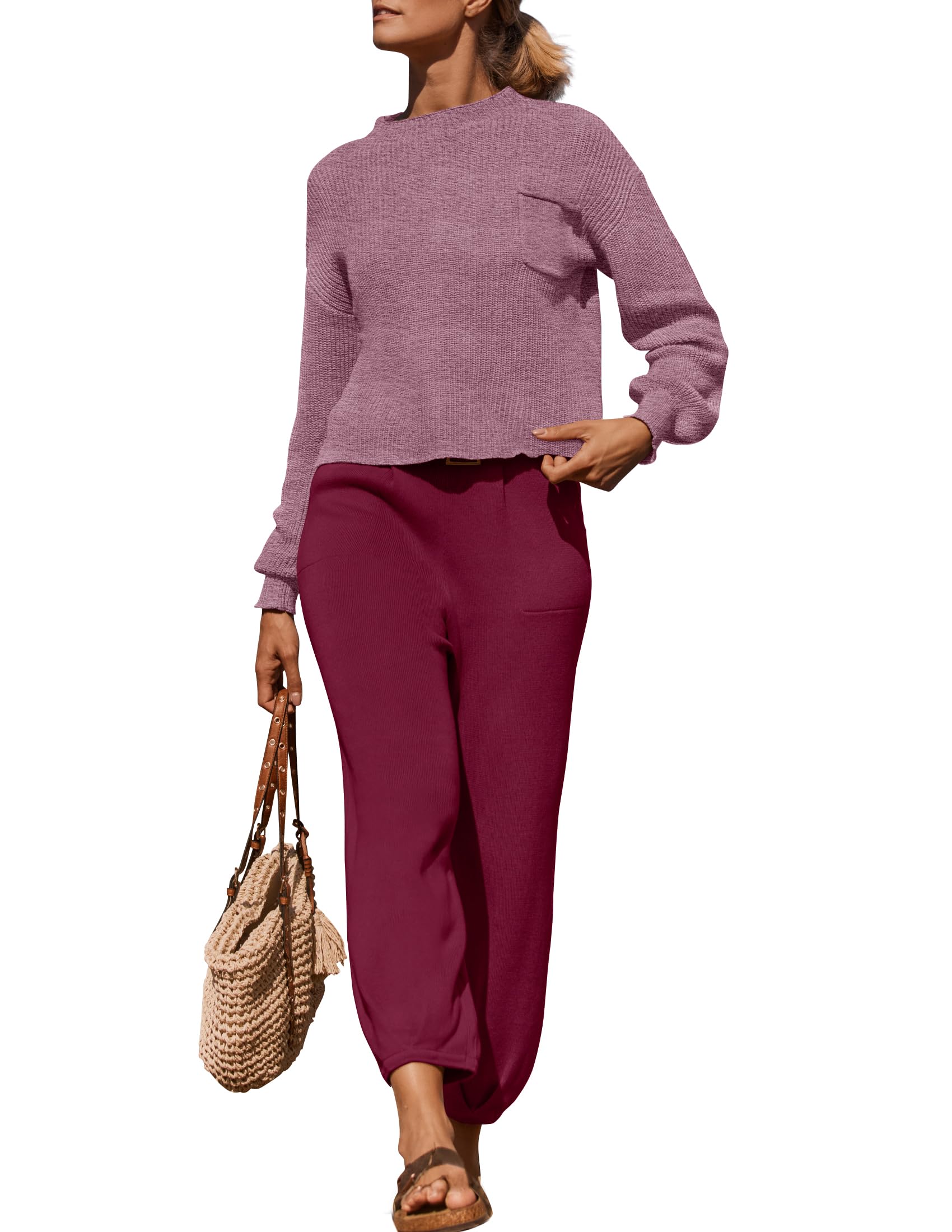 Luxuii Mock Neck Knit Pullover Top High Waist Pant Sweater Set